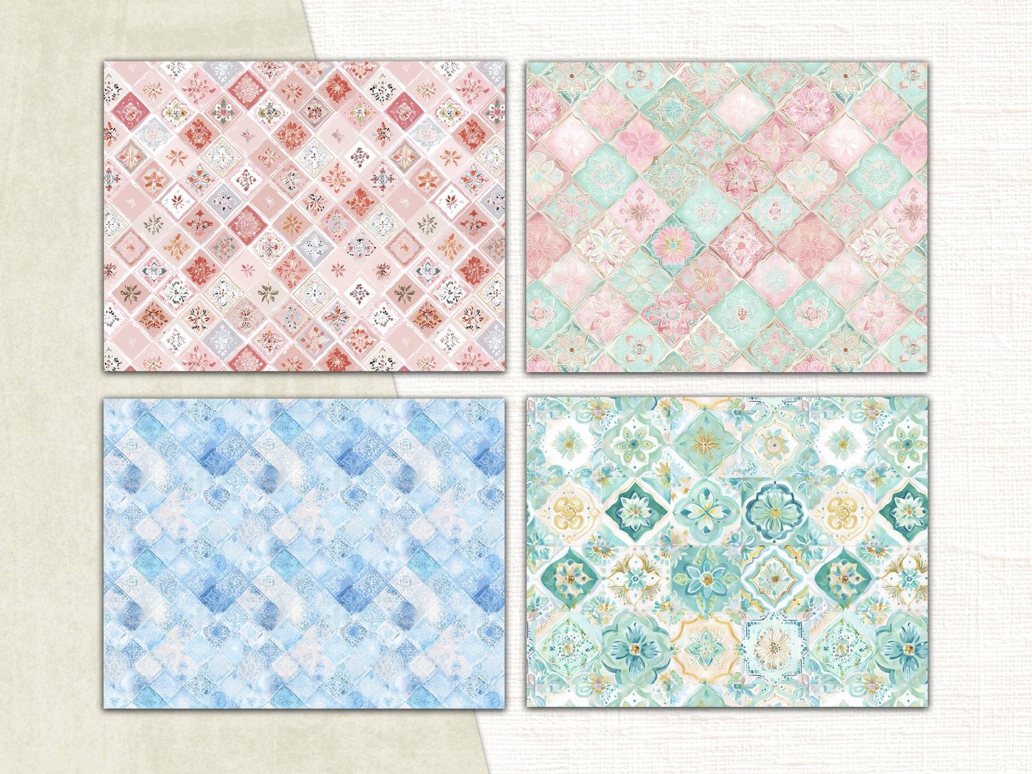 Four bohemian paper designs displaying intricate diamond, tile, and mandal-inspired patterns in teal, pink, and blue.