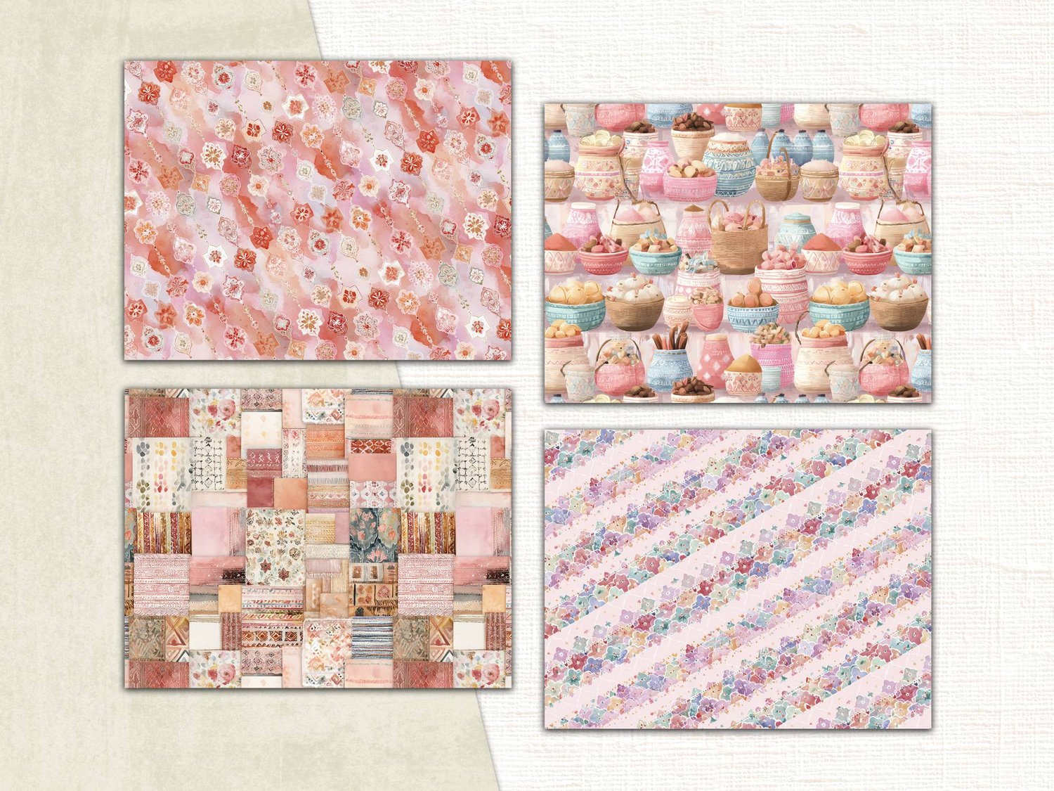 Four decorative paper patterns featuring watercolor flowers, sweet treats, patchwork, and diagonal floral stripes.