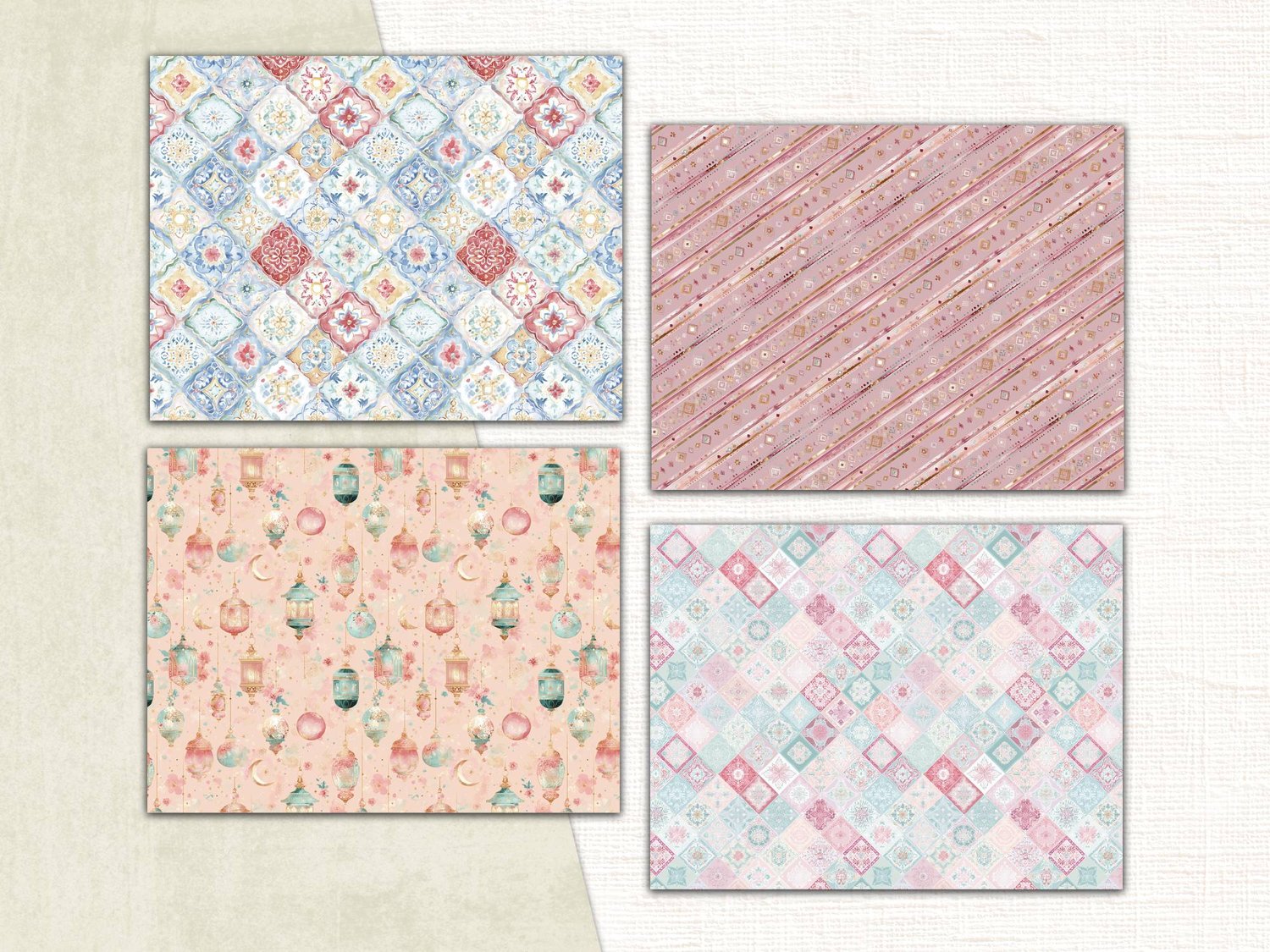 Four colorful boho paper patterns featuring mosaic tiles, diagonal stripes, and soft pastel floral textures.