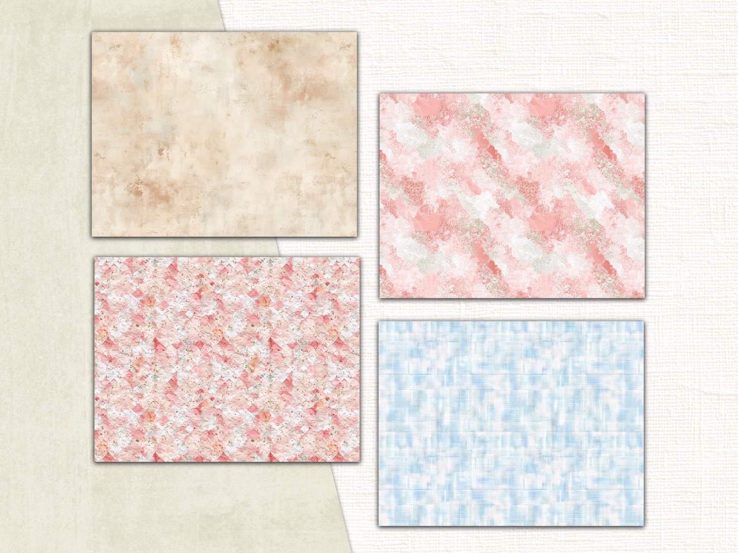 Four subtle background paper textures including tea-stained parchment, soft pink marble, and distressed blue patterns.