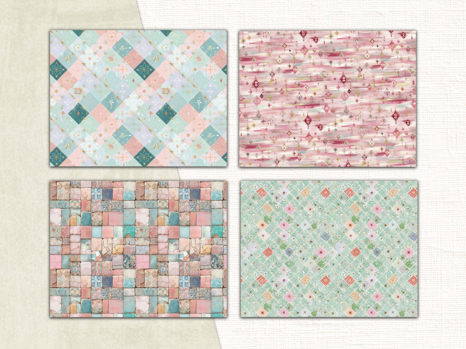 Four boho paper patterns featuring harlequin diamonds, painterly brushstrokes, and vintage patchwork designs.