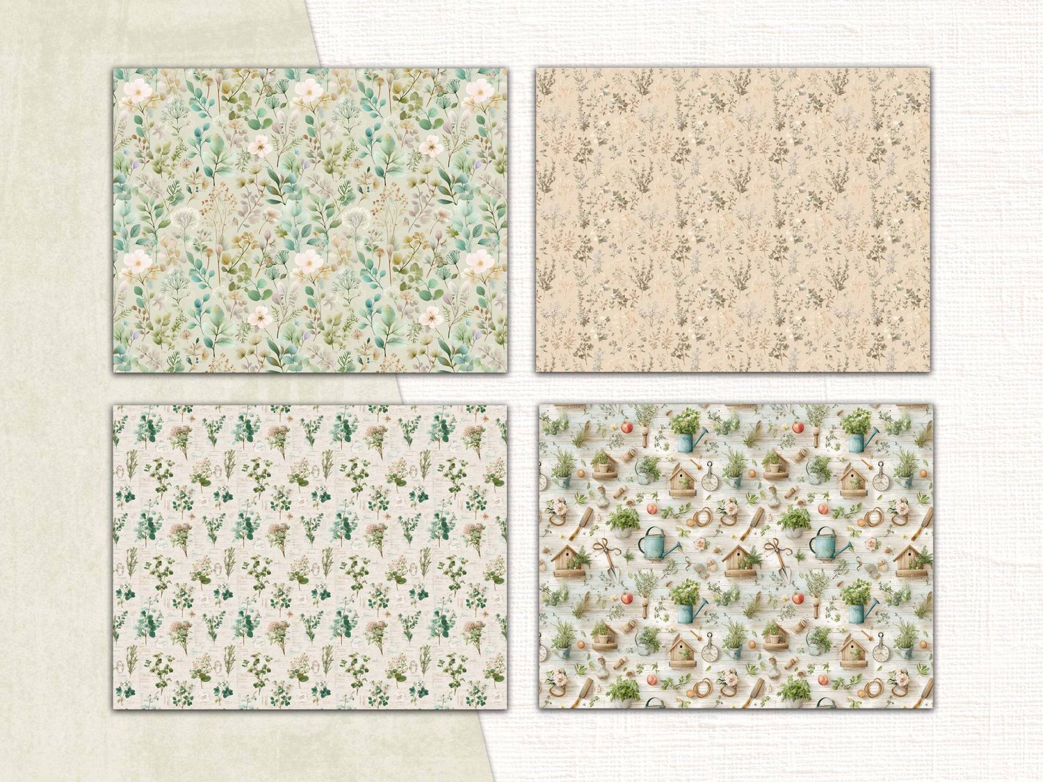 Four botanical paper patterns featuring green garden vines, potted herbs, and watercolor sprigs.