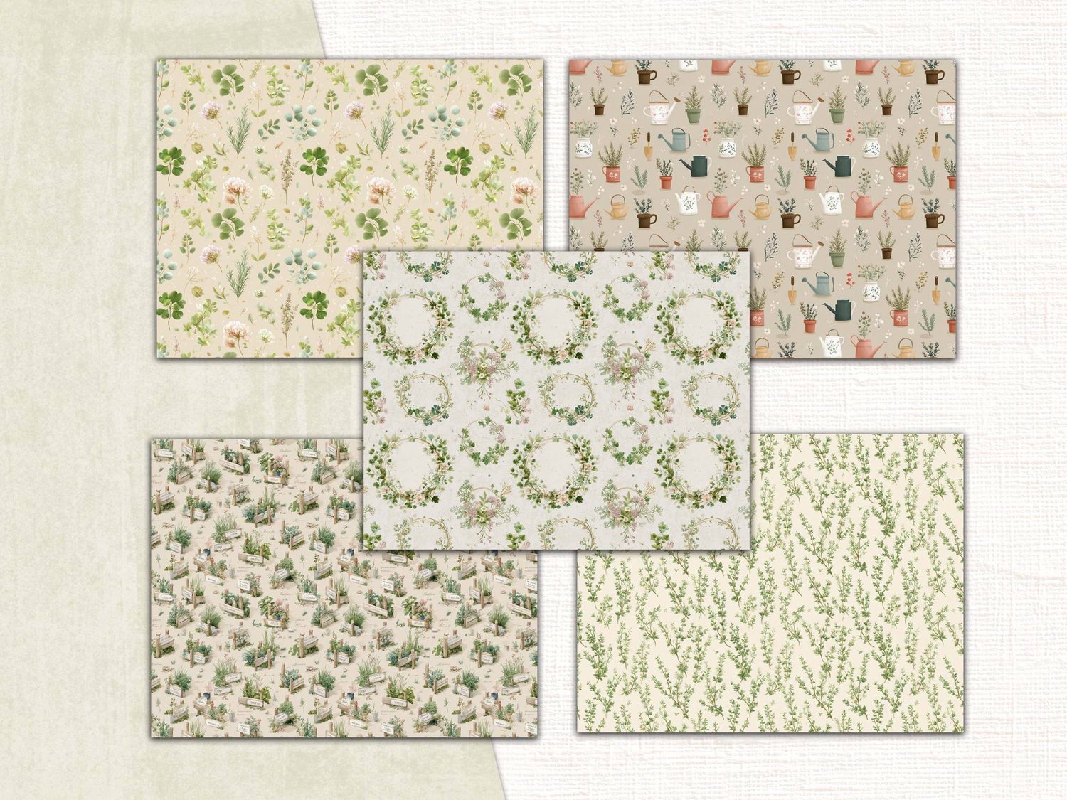 Preview of five green botanical paper patterns featuring rosemary wreaths, potted herbs, and garden tools.