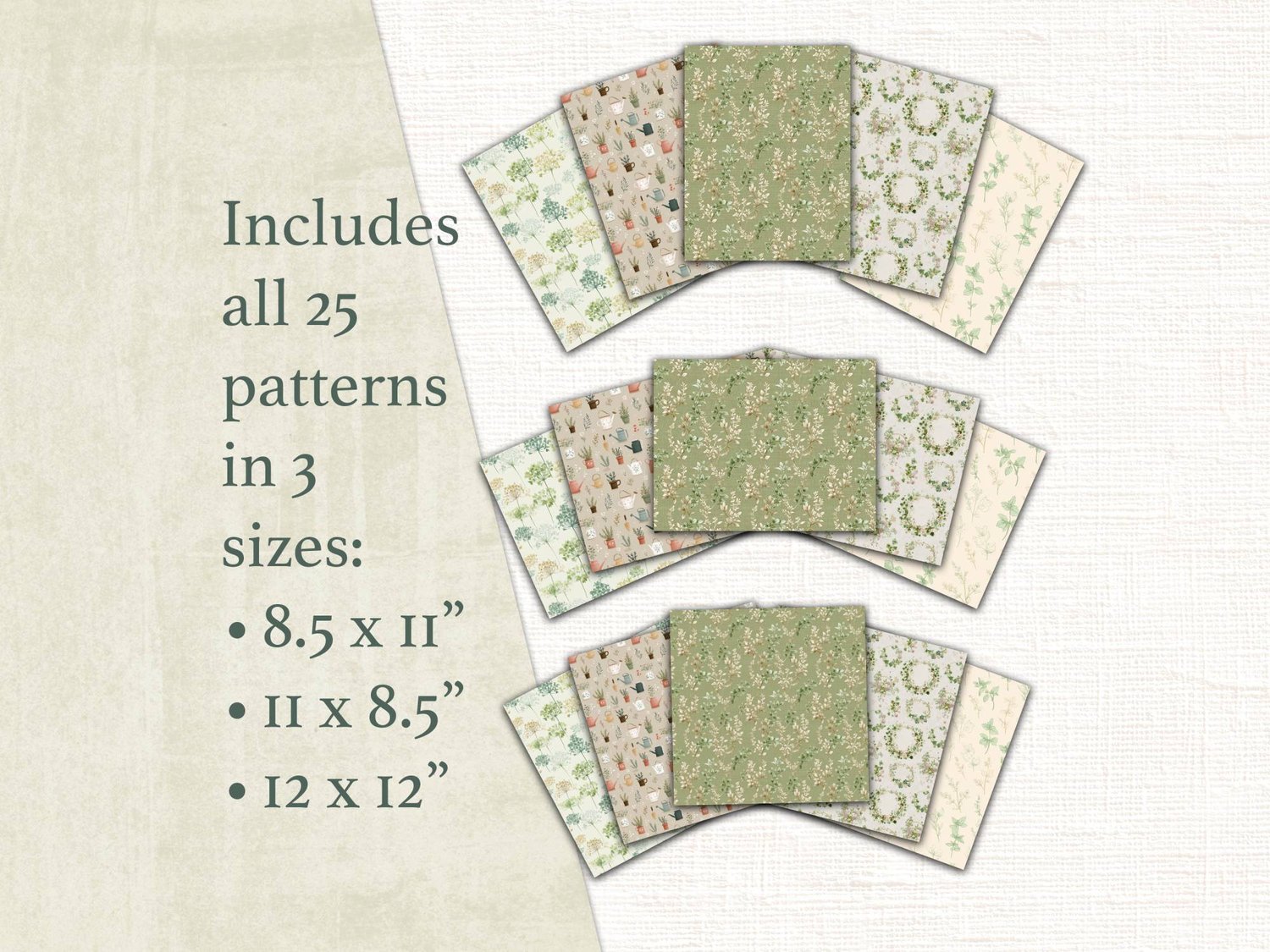 Size options preview showing 25 botanical patterns available in 8.5x11 inch portrait, 11x8.5 inch landscape, and 12x12 inch square formats.