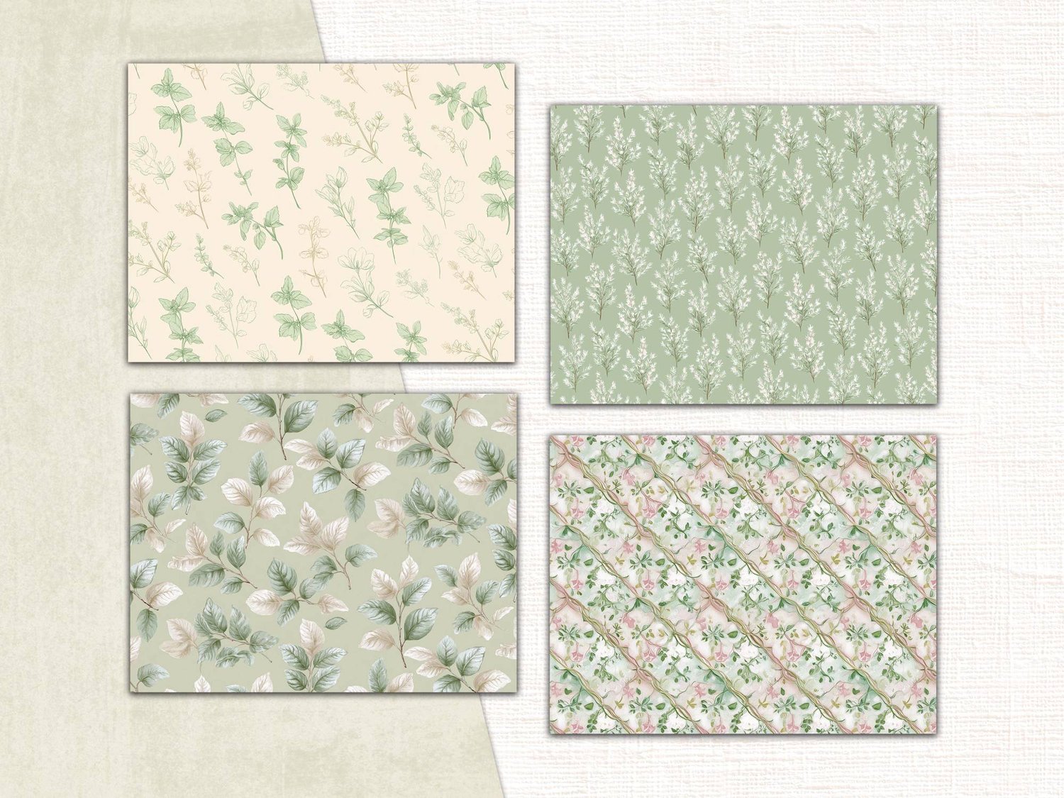 Four sage green paper patterns featuring leafy vines, delicate garden herbs, and diagonal botanical lattice lines.