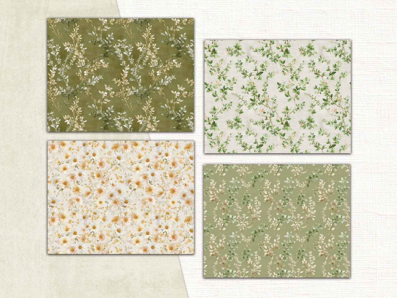 Four botanical paper patterns showing white wildflowers, green foliage, chamomile blossoms, and sage leaf designs.