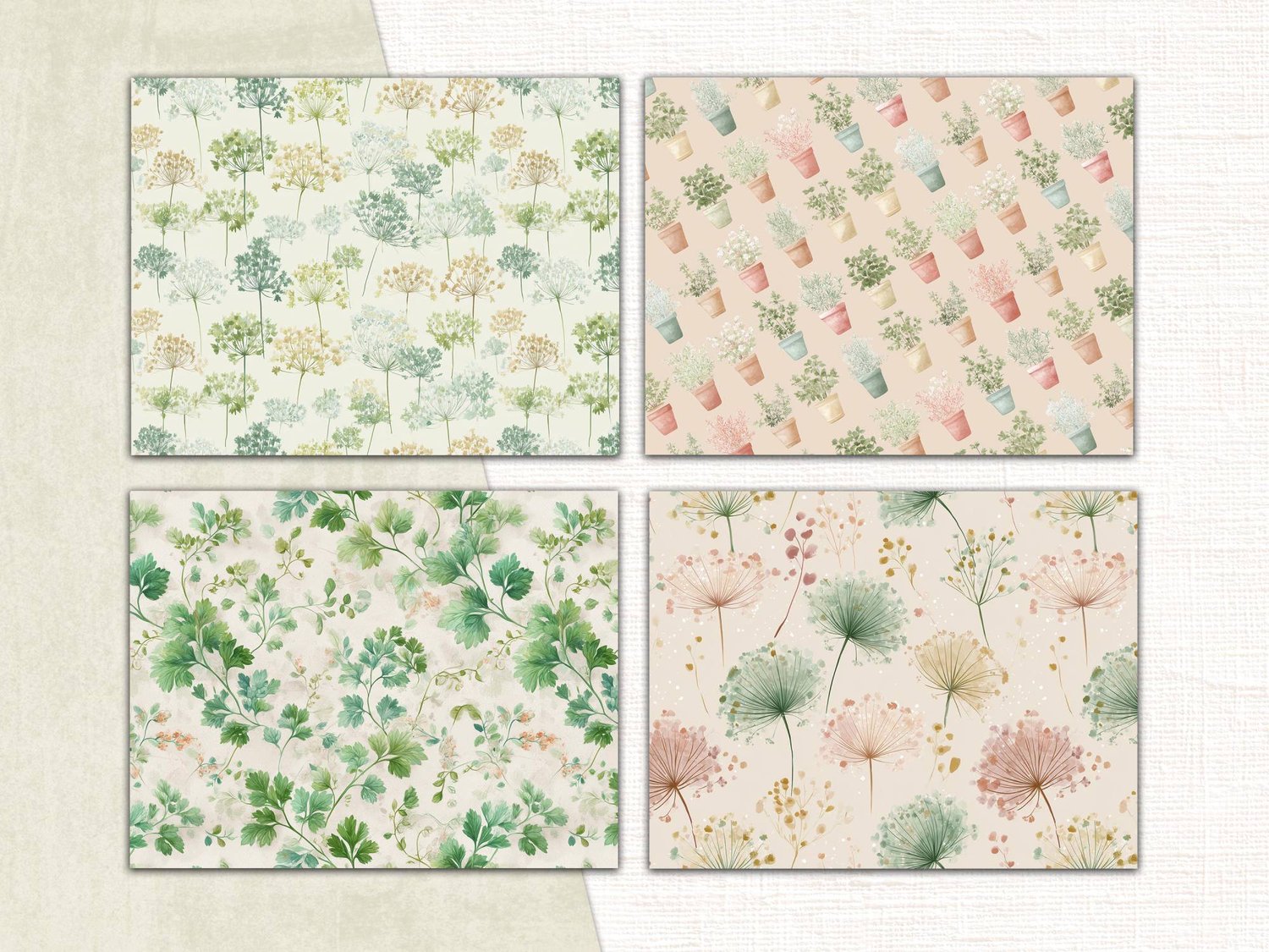 Four summer herb garden paper patterns featuring terracotta plant pots, pressed leaves, and delicate seed heads.