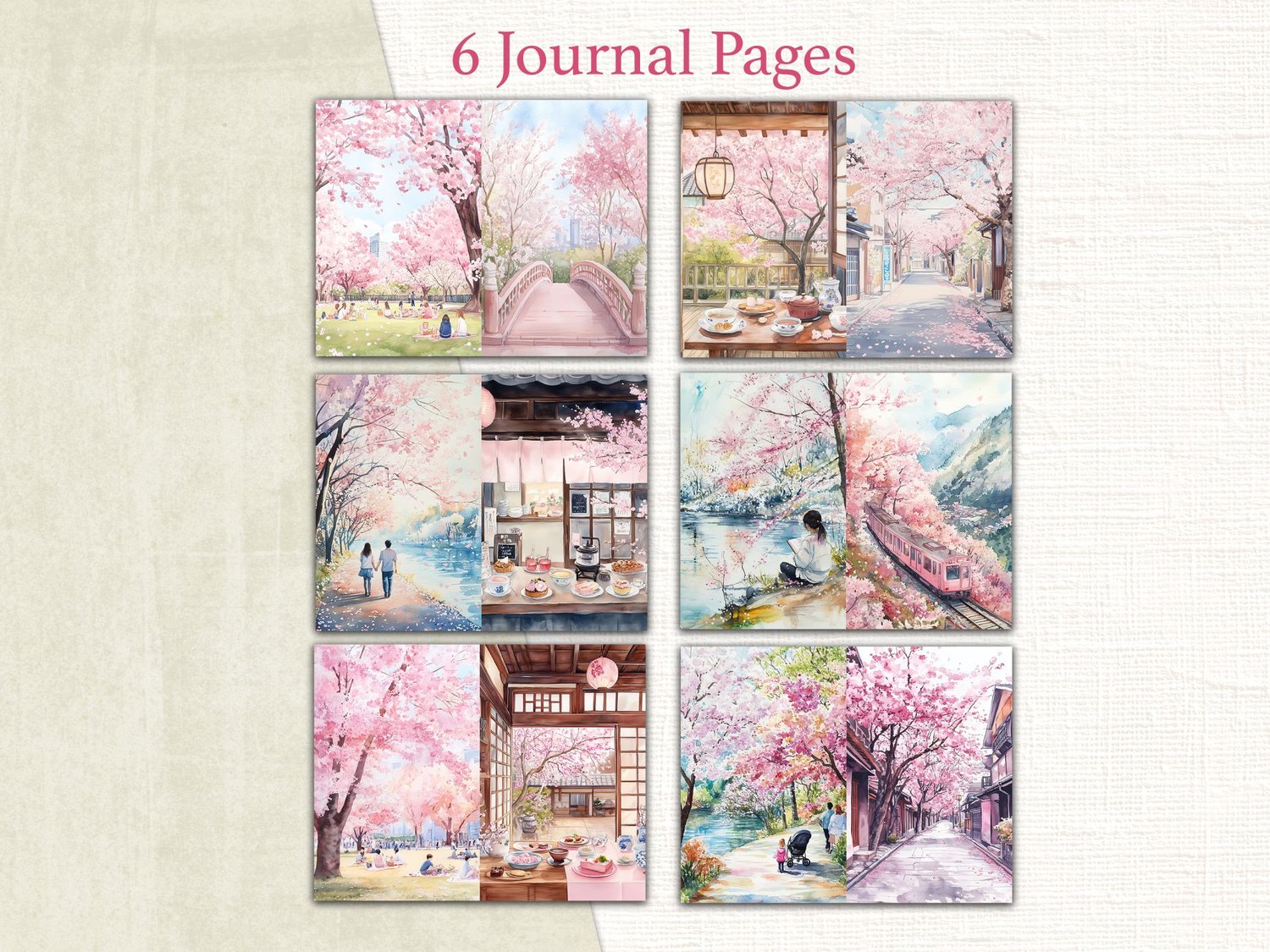 Preview of six decorative junk journal pages featuring scenic spring garden paths, cherry blossom trees, and cozy tea settings.
