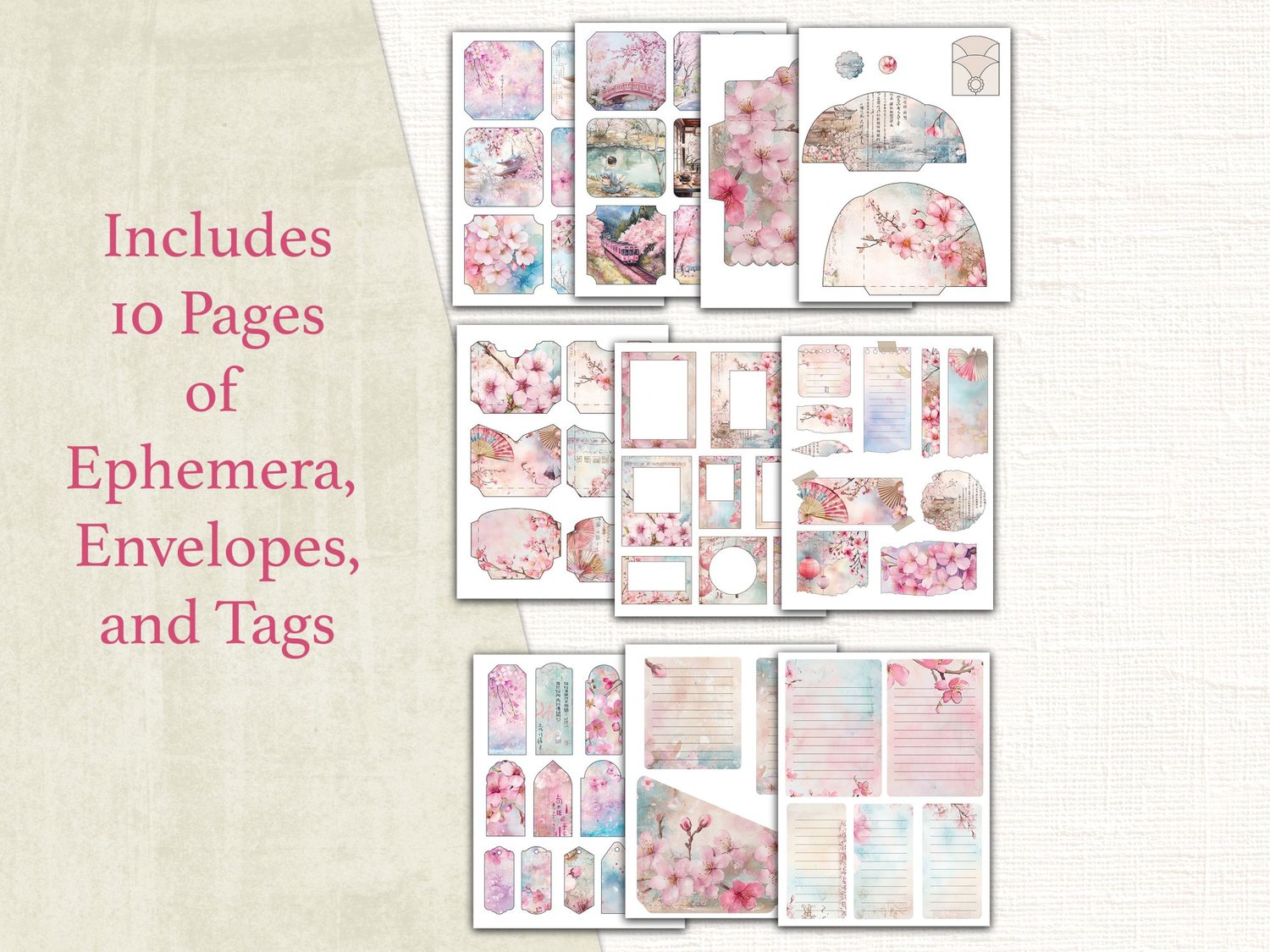 Preview showing 10 printable pages of matching cherry blossom ephemera, envelopes, tags, and pockets.