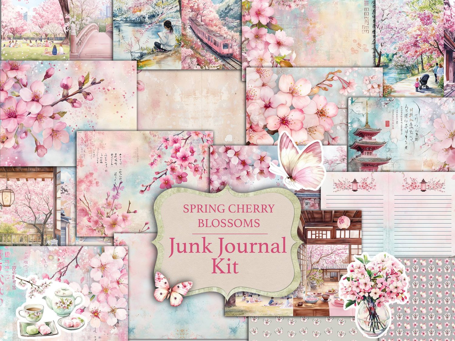 Main cover preview for the "Spring Cherry Blossoms" printable junk journal kit featuring Japanese floral artwork and pink blossoms.