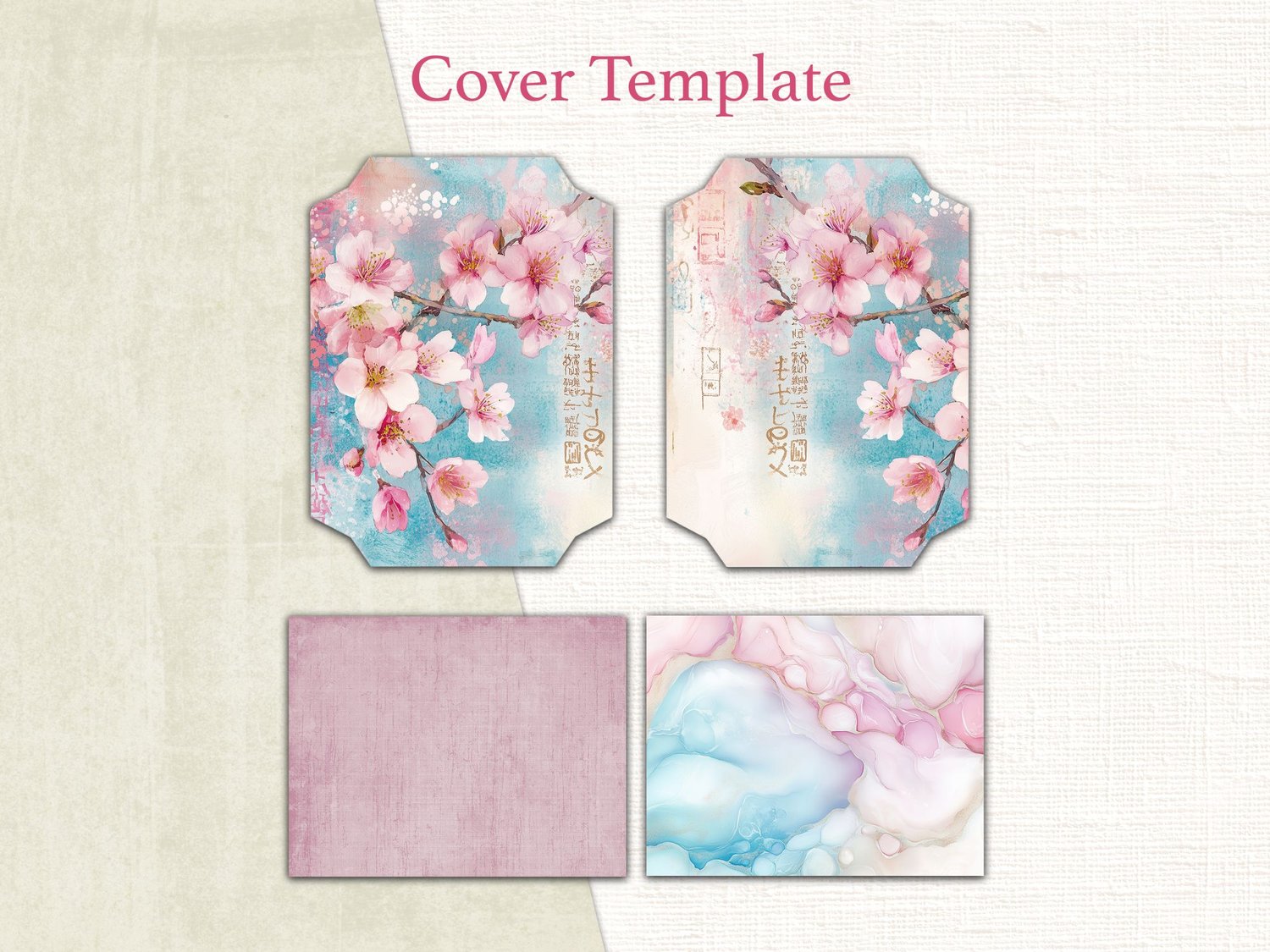 Printable journal cover template and spine designs featuring vibrant cherry blossoms and watercolor textures.