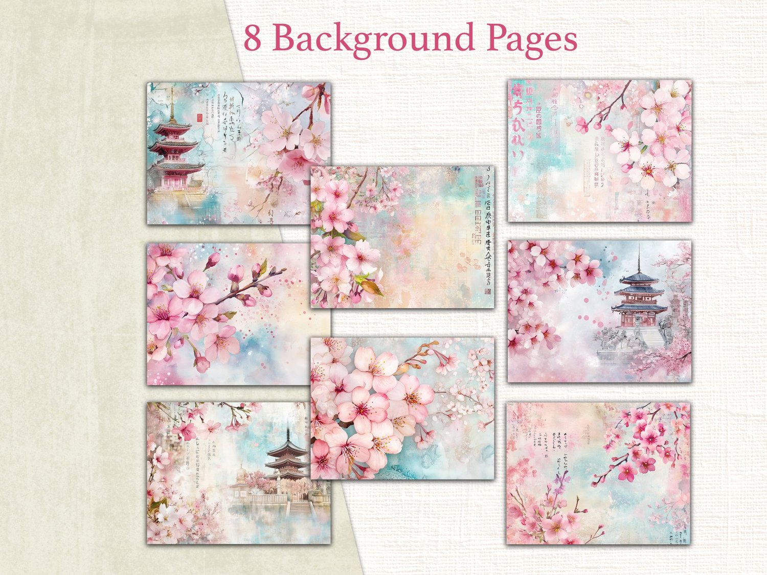 Eight watercolor background pages decorated with soft pink cherry blossoms, pagodas, and delicate floral textures.