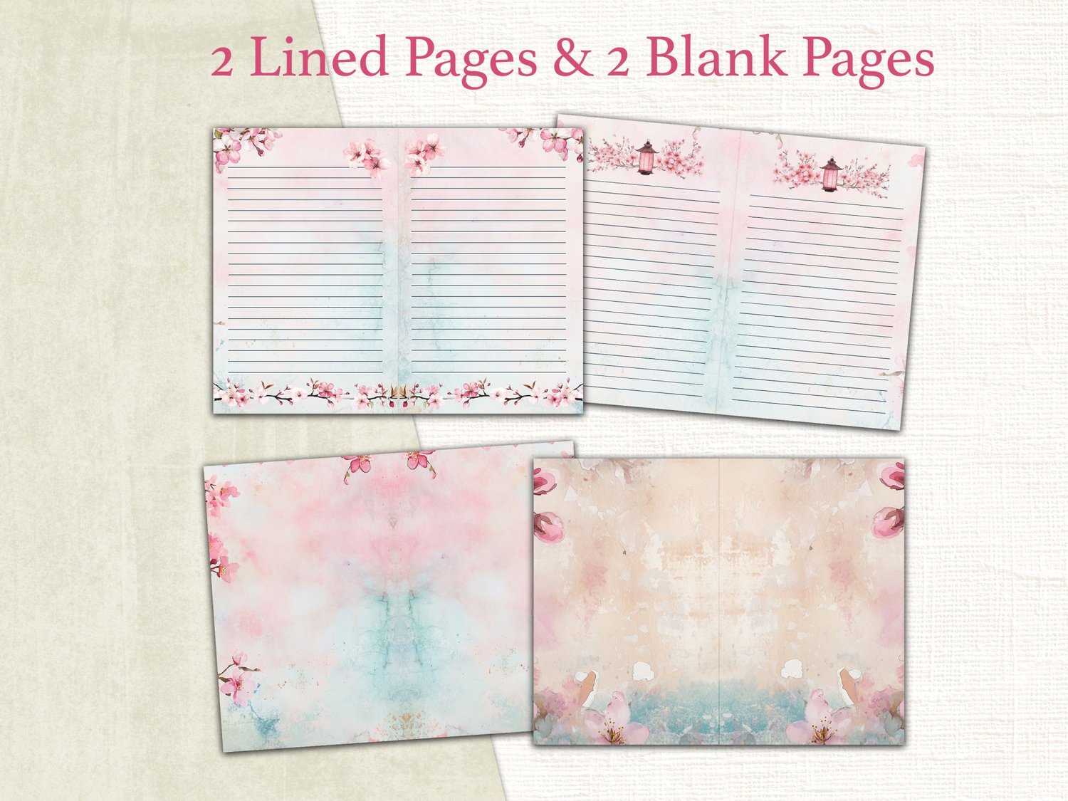 Two decorative lined writing pages and two soft watercolor blank background pages for journaling.