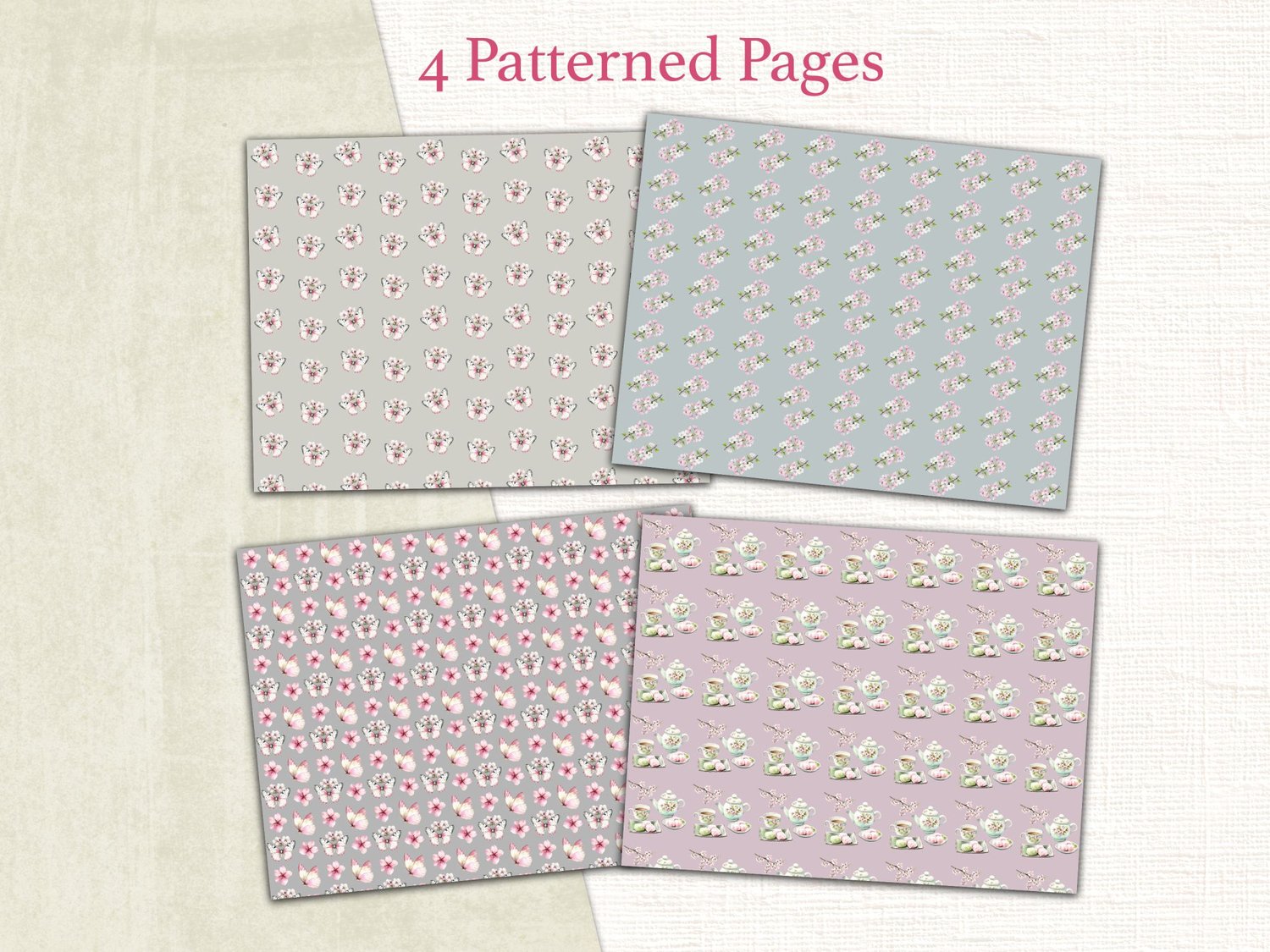 Four repeating pattern pages featuring delicate cherry blossom sprigs on soft grey and pink backgrounds.