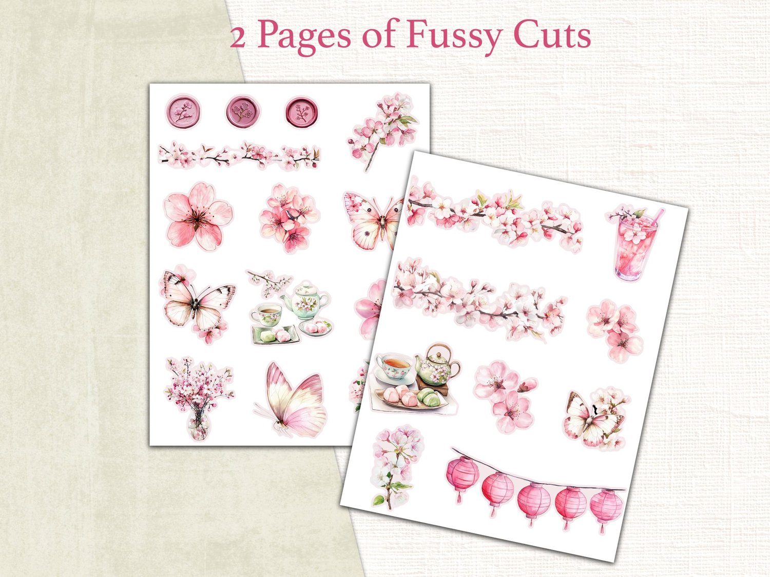 Two printable pages of cherry blossom fussy cut elements including pink flowers, butterflies, lanterns, and tea cups.