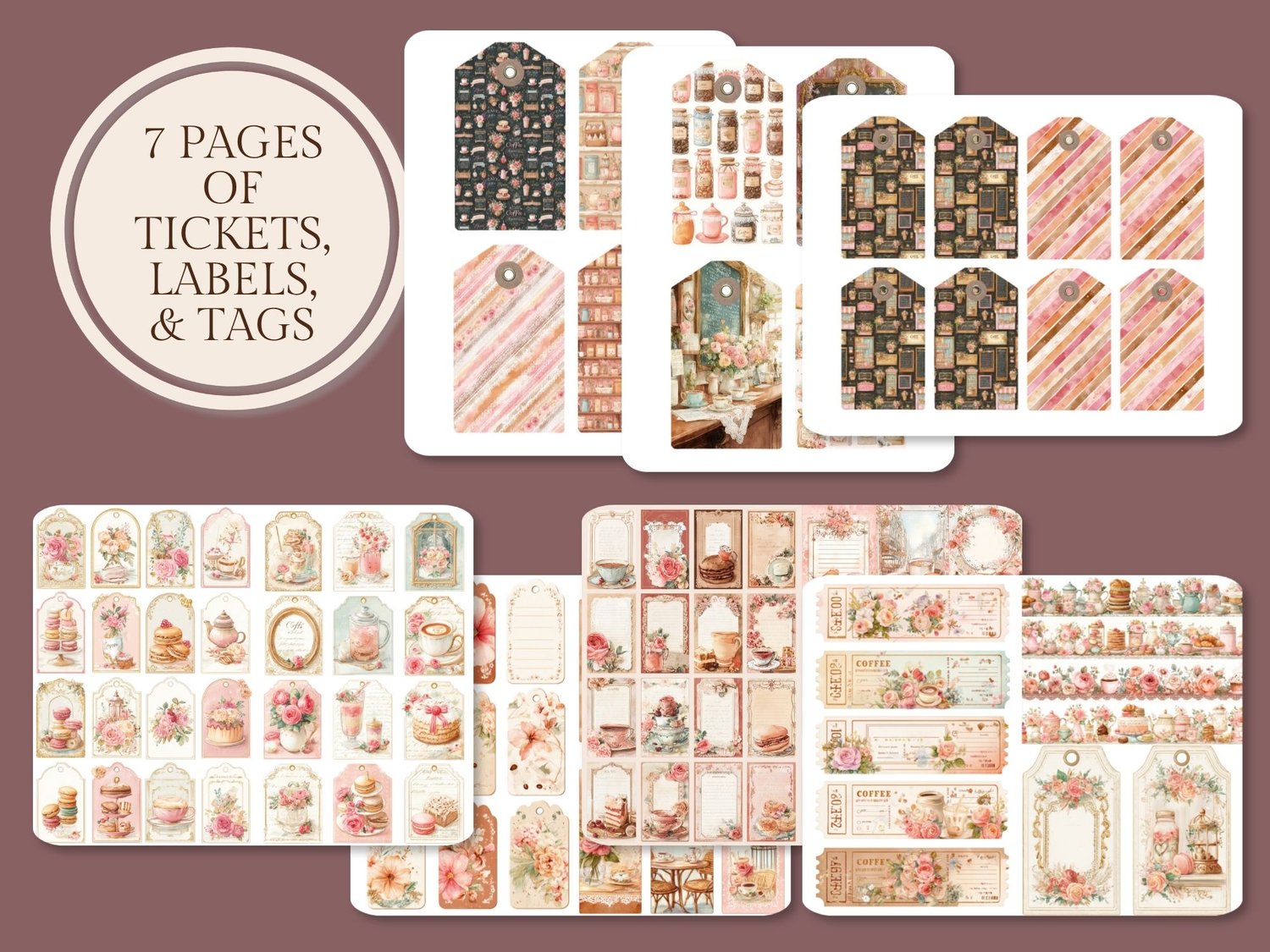 Preview showing 7 printable pages of cafe-themed tickets, vintage labels, and floral gift tags.