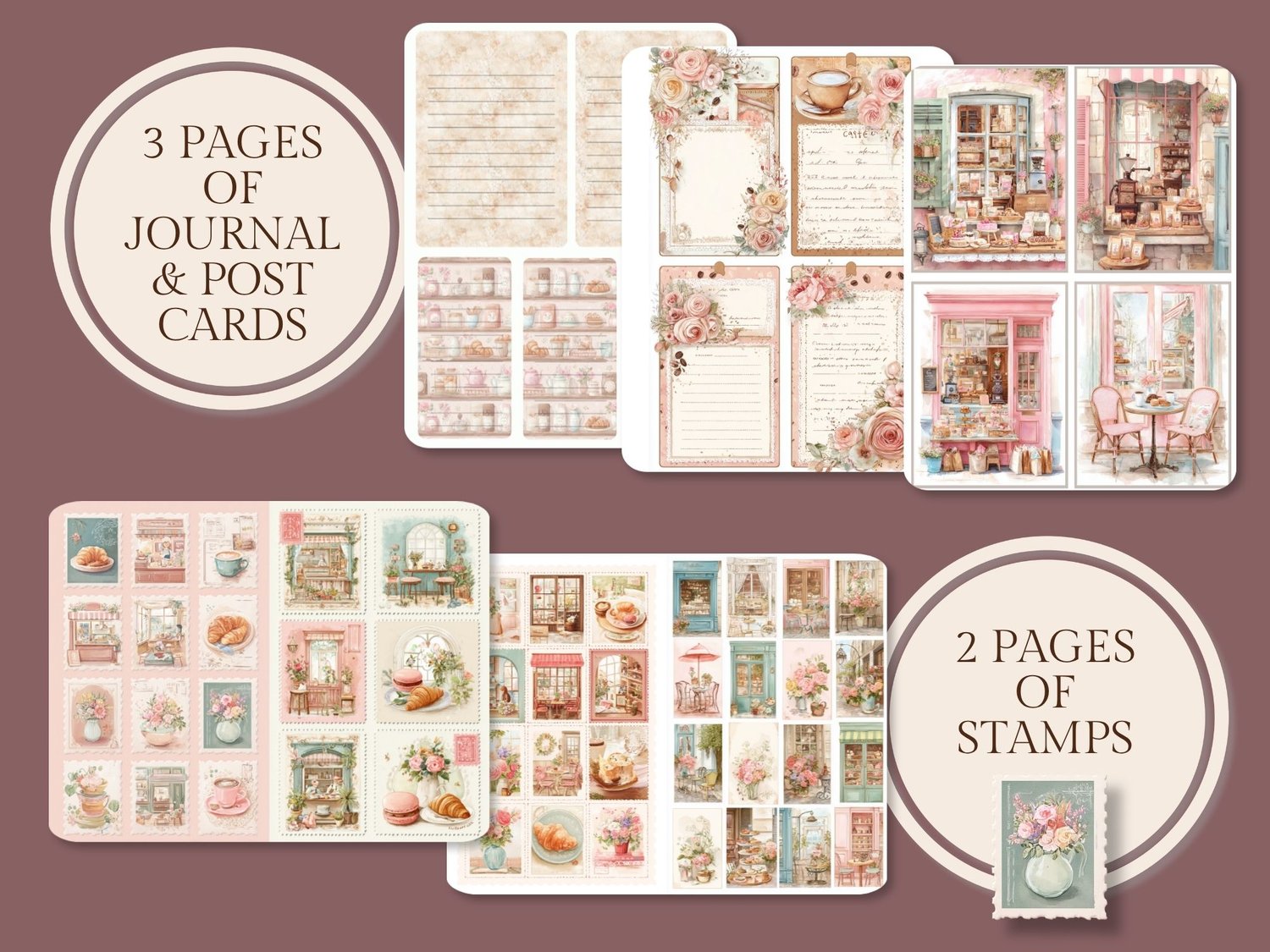 Printable ephemera preview featuring 3 pages of coffee journal and postcards plus 2 pages of faux postage stamps.