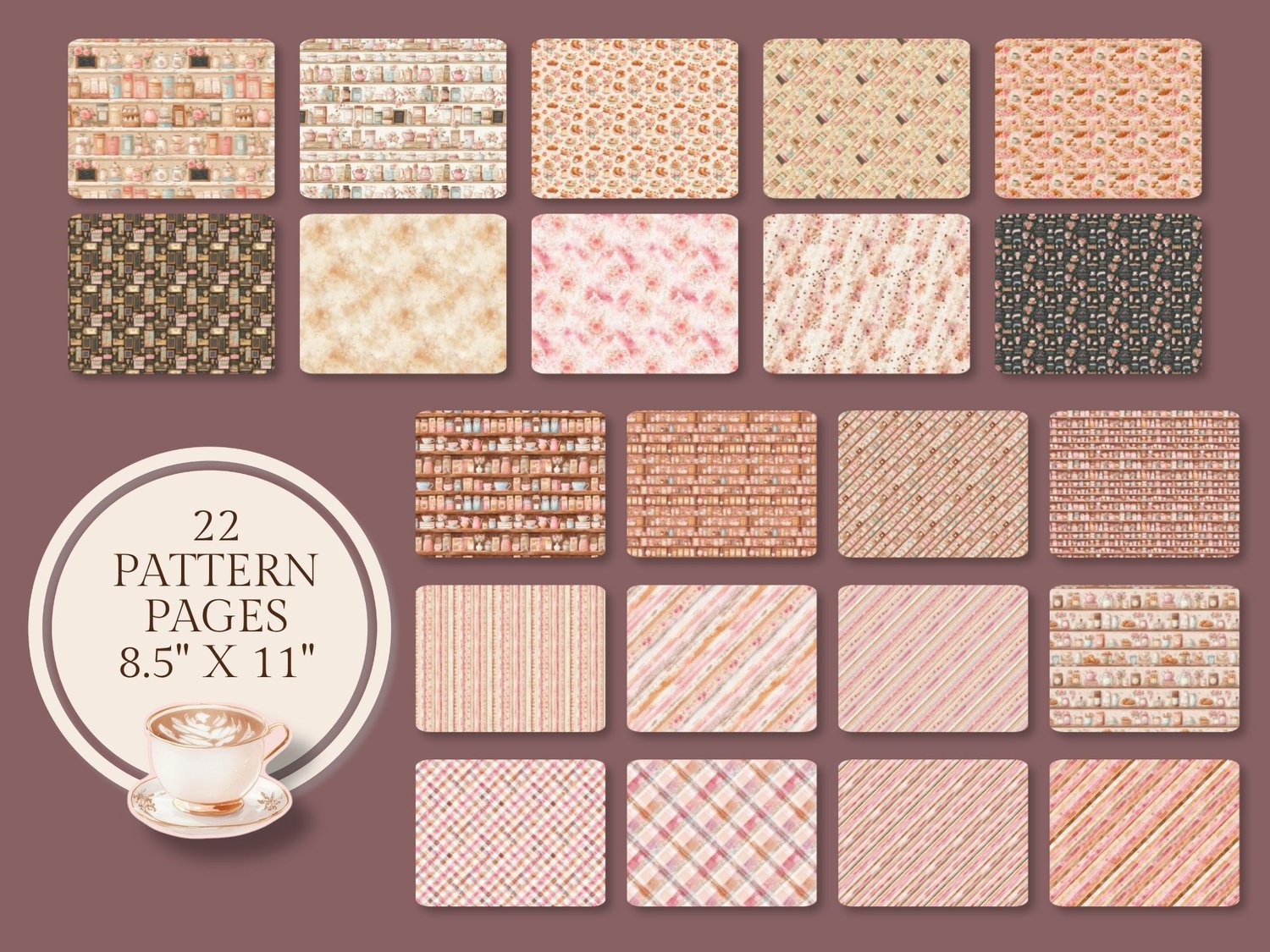 Grid preview showing 22 printable 8.5x11 inch pattern pages with coffee beans, floral wallpaper, and warm plaid designs.