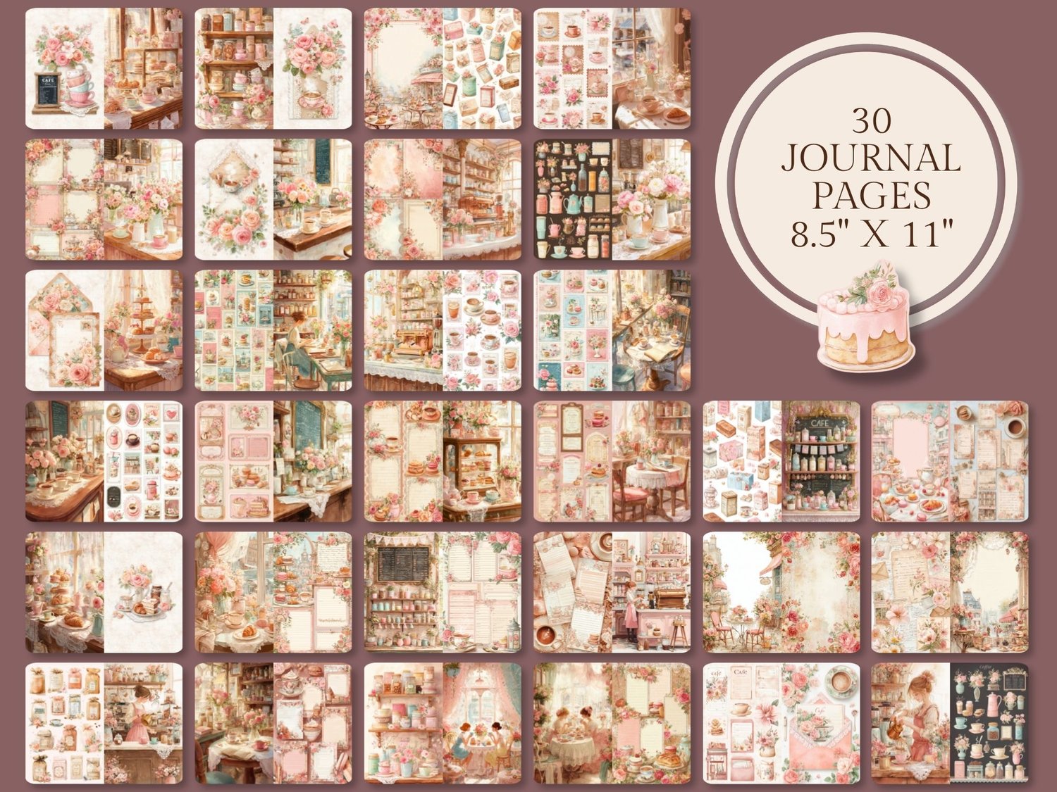 Grid preview of 30 printable 8.5x11 inch journal pages filled with cozy coffee shop interiors, cakes, and cafe scenes.