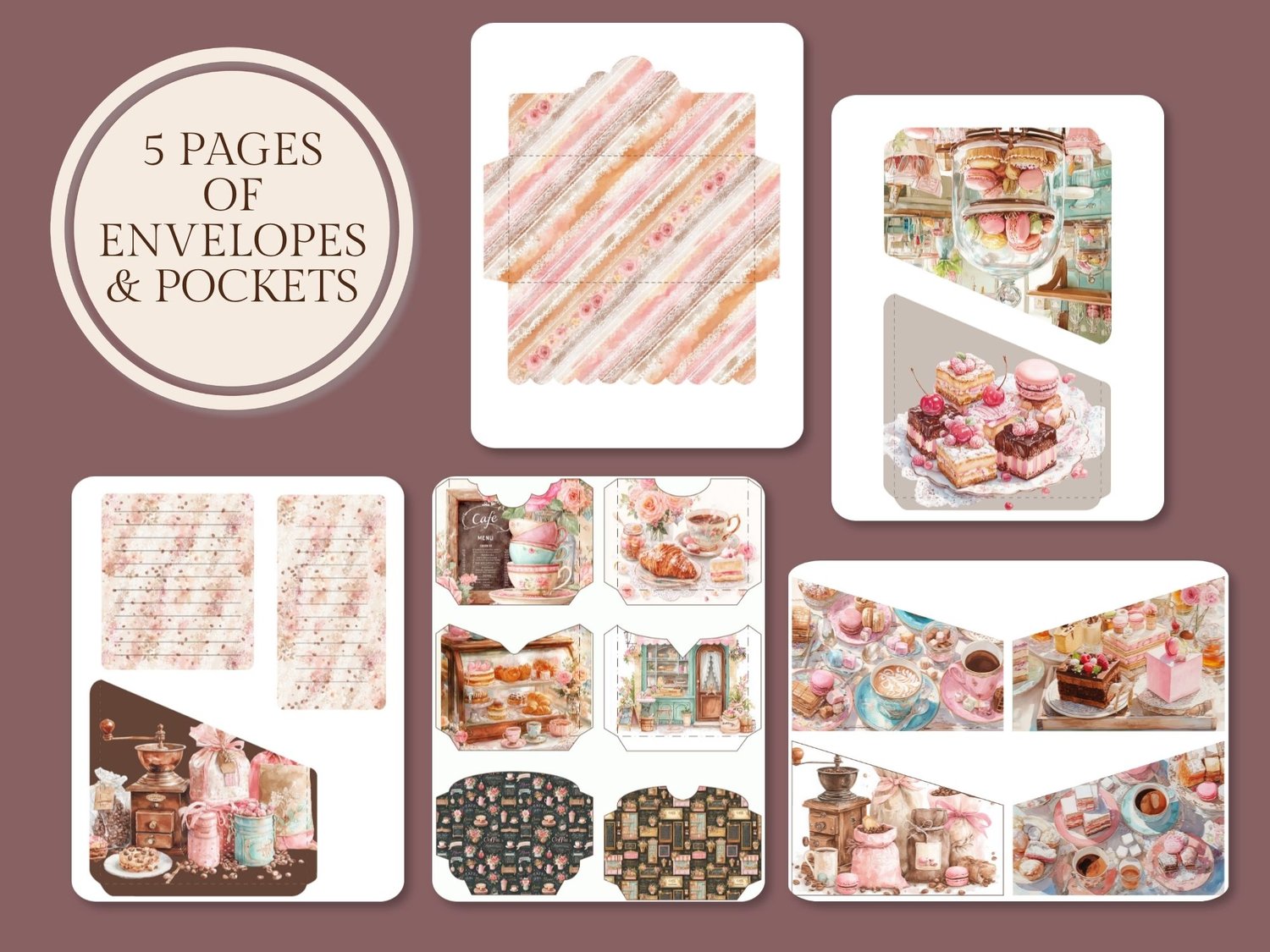 Preview of 5 printable pages featuring coffee shop pocket templates, coin envelopes, and tuck spots.