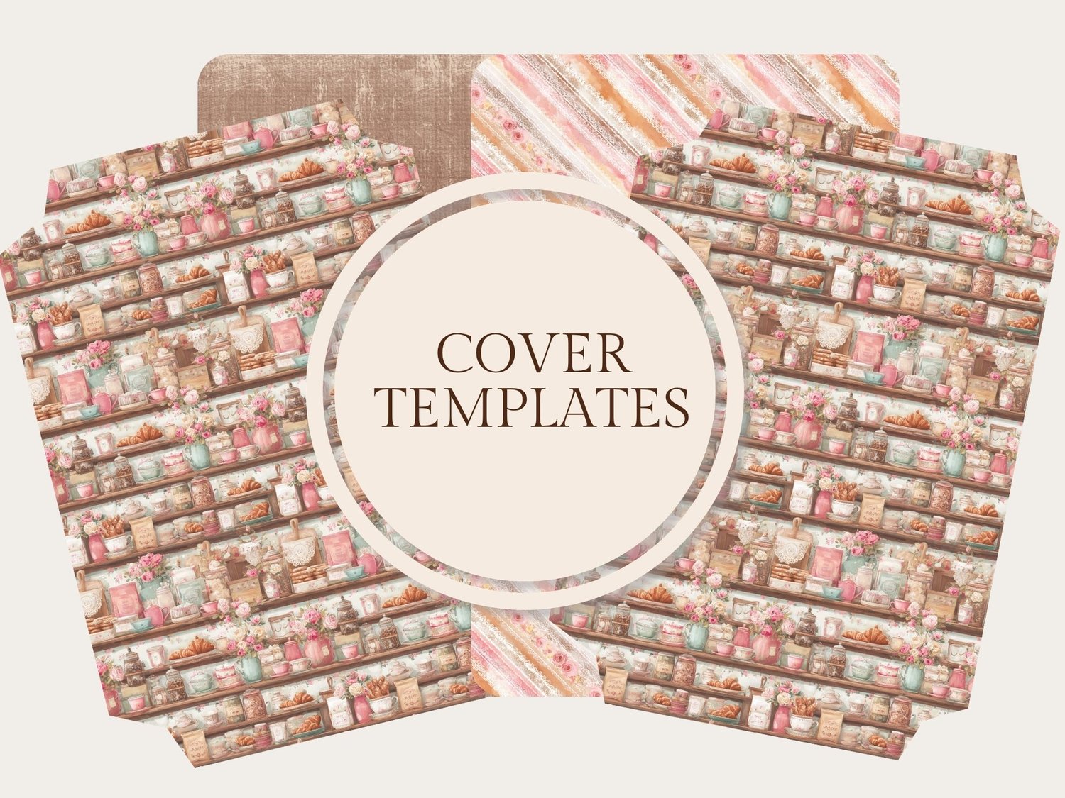 Printable book cover templates and spine wraps decorated with coffee cup and bakery shelf patterns.