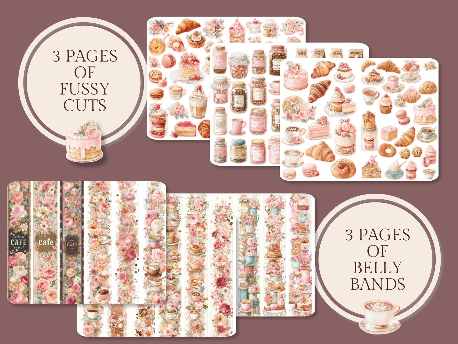 Printable ephemera preview showing 3 pages of pastry fussy cuts and 3 pages of decorative cafe belly bands.
