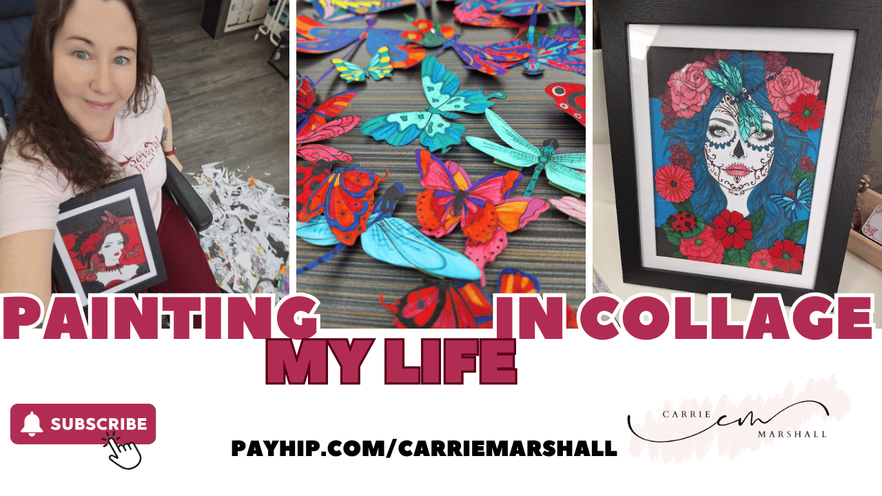 Carrie is sitting at home in her manual wheelchair. She's surrounded by a mound of paper cuttings and she's holding one of her collages.