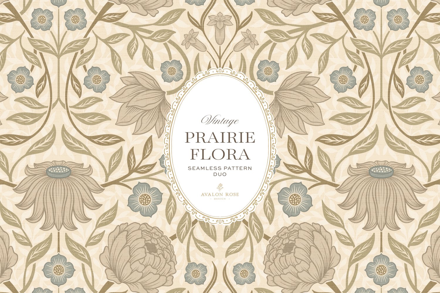 seamless surface pattern duo features a hand-drawn vintage tapestry floral in soft sage, taupe, and dusty blue on a field of warm cream