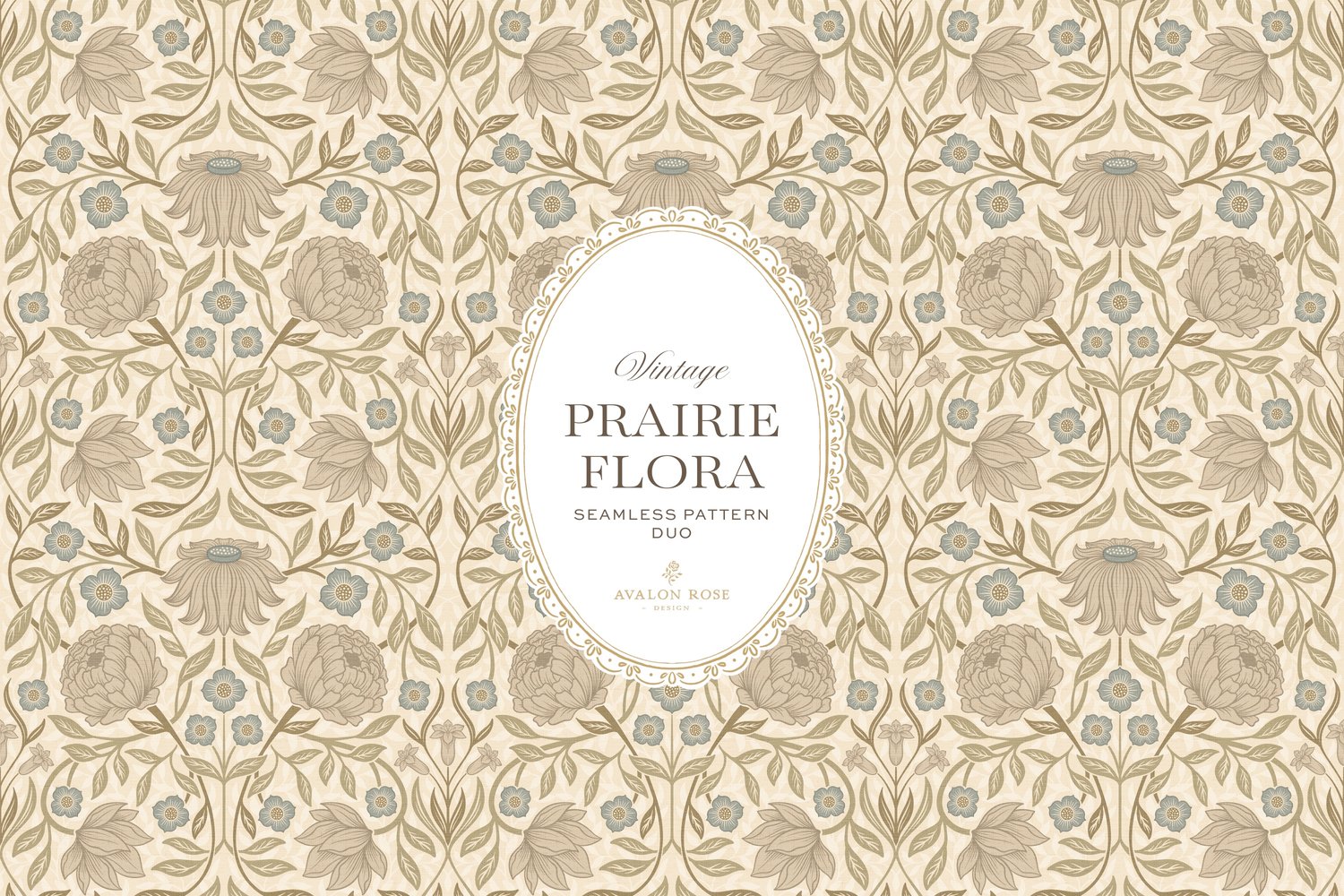 seamless surface pattern duo features a hand-drawn vintage tapestry floral in soft sage, taupe, and dusty blue on a field of warm cream