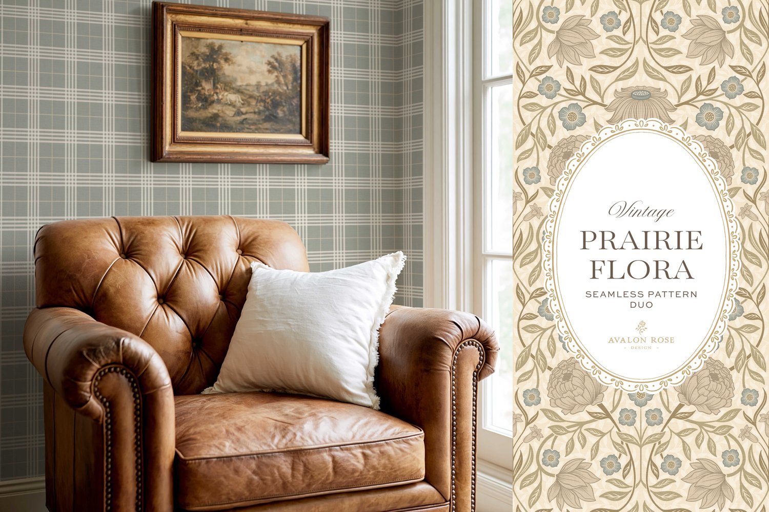seamless surface pattern duo features a hand-drawn vintage tapestry floral in soft sage, taupe, and dusty blue on a field of warm cream on wallpaper