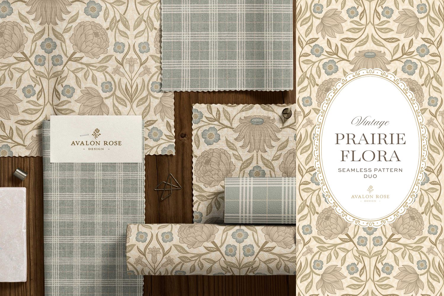 seamless surface pattern duo features a hand-drawn vintage tapestry floral in soft sage, taupe, and dusty blue on a field of warm cream on fabric and wallpaper