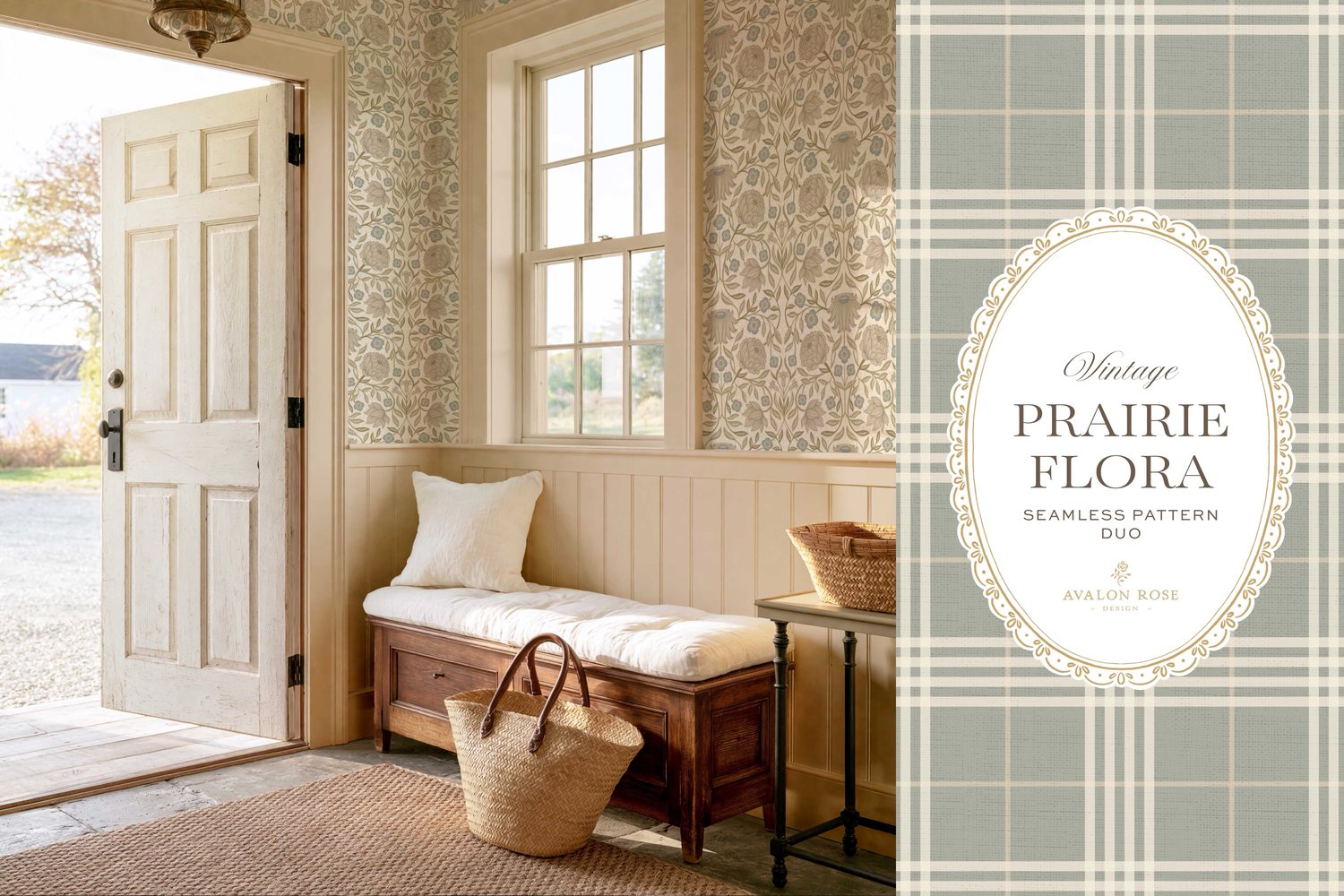 seamless surface pattern duo features a hand-drawn vintage tapestry floral in soft sage, taupe, and dusty blue on a field of warm cream on wallpaper
