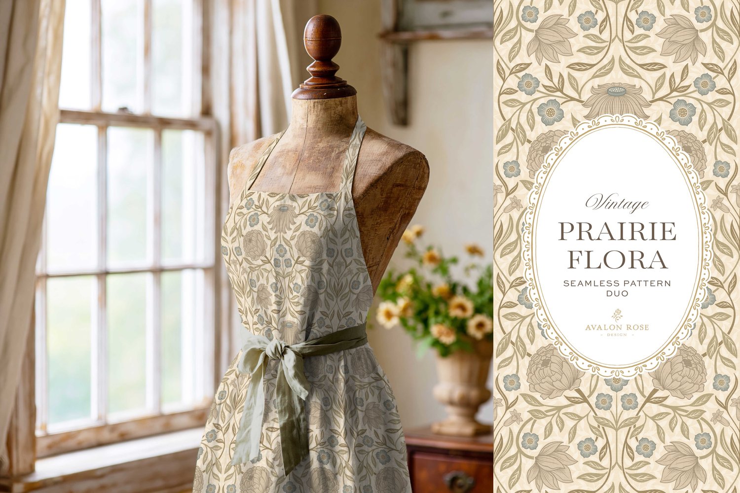 seamless surface pattern duo features a hand-drawn vintage tapestry floral in soft sage, taupe, and dusty blue on a field of warm cream on an apron