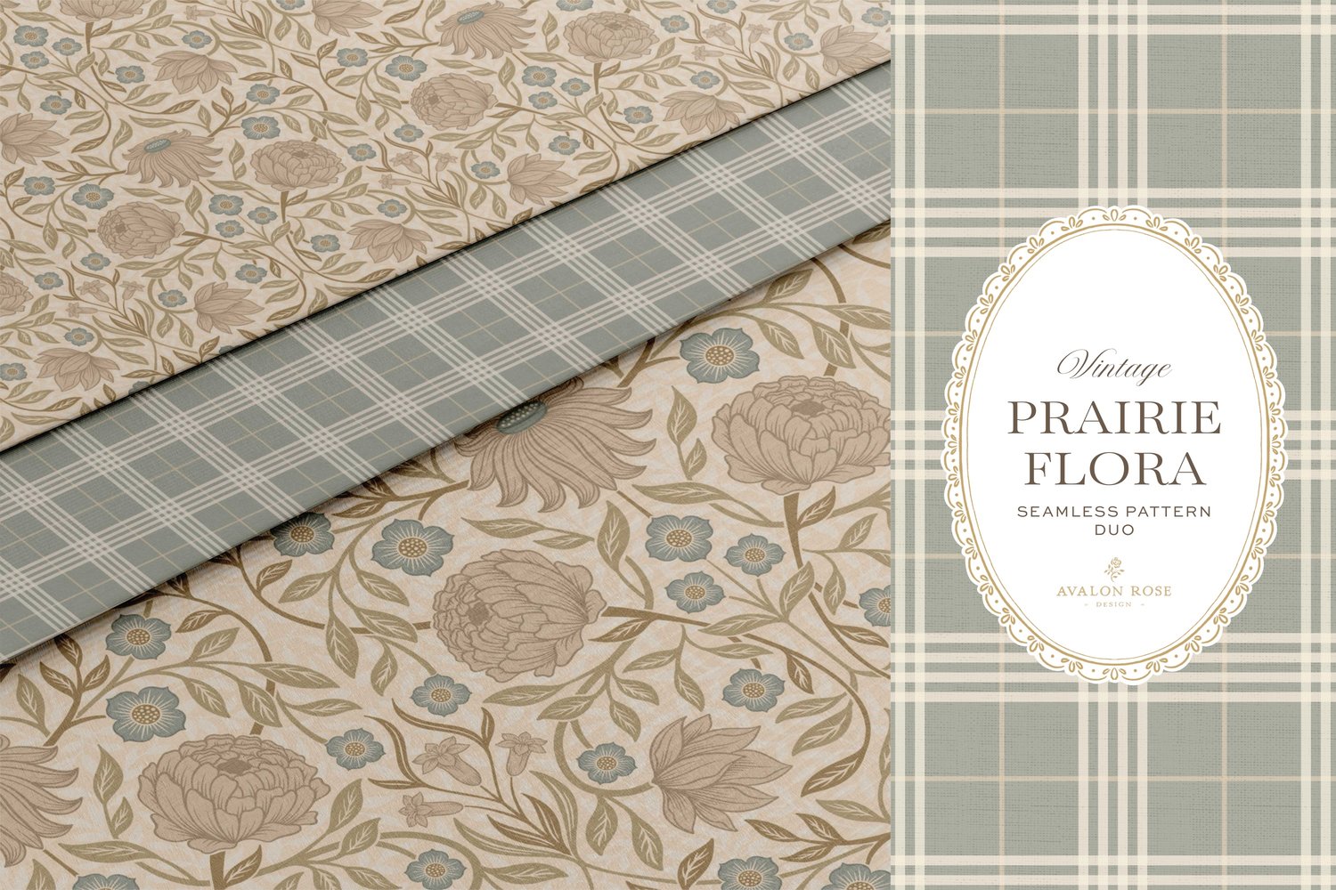 seamless surface pattern duo features a hand-drawn vintage tapestry floral in soft sage, taupe, and dusty blue on a field of warm cream on papers