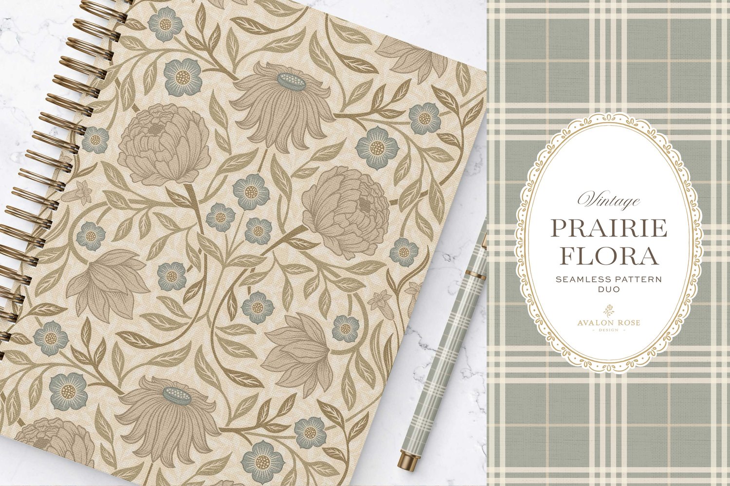 seamless surface pattern duo features a hand-drawn vintage tapestry floral in soft sage, taupe, and dusty blue on a field of warm cream on a notebook
