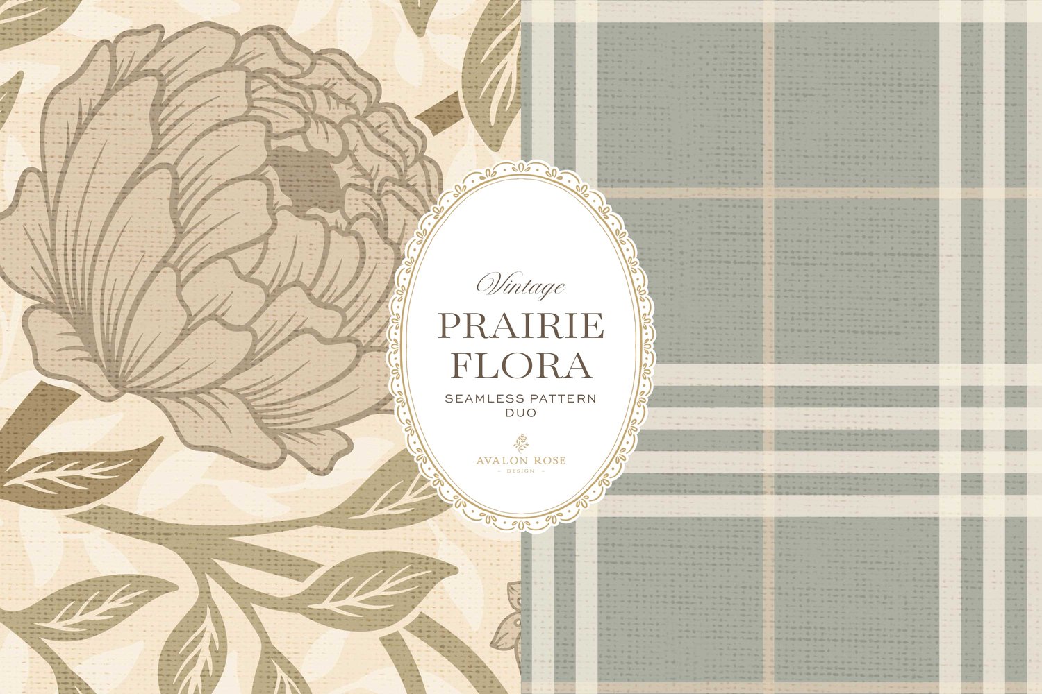 seamless surface pattern duo features a hand-drawn vintage tapestry floral in soft sage, taupe, and dusty blue on a field of warm cream