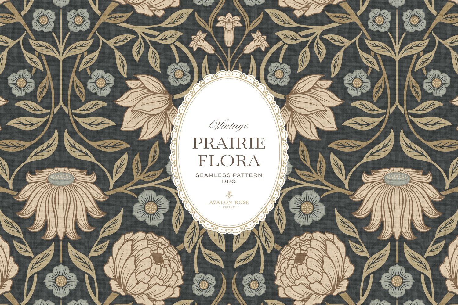 seamless surface pattern duo features a hand-drawn vintage tapestry floral and trailing vines in warm tan and dusty blue on a field of deep charcoal