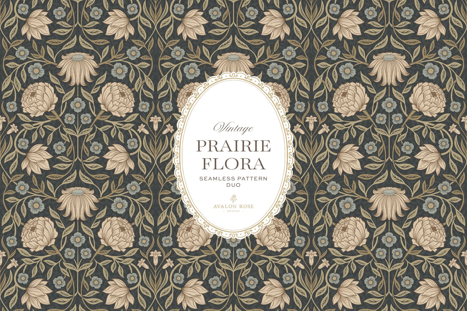 seamless surface pattern duo features a hand-drawn vintage tapestry floral and trailing vines in warm tan and dusty blue on a field of deep charcoal