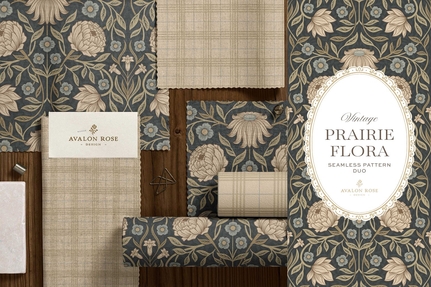 seamless surface pattern duo features a hand-drawn vintage tapestry floral and trailing vines in warm tan and dusty blue on a field of deep charcoal on fabric and wallpaper