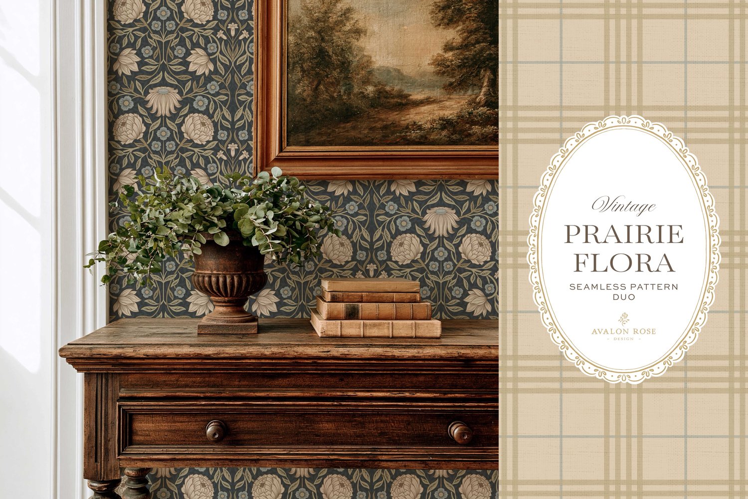 seamless surface pattern duo features a hand-drawn vintage tapestry floral and trailing vines in warm tan and dusty blue on a field of deep charcoal on wallpaper