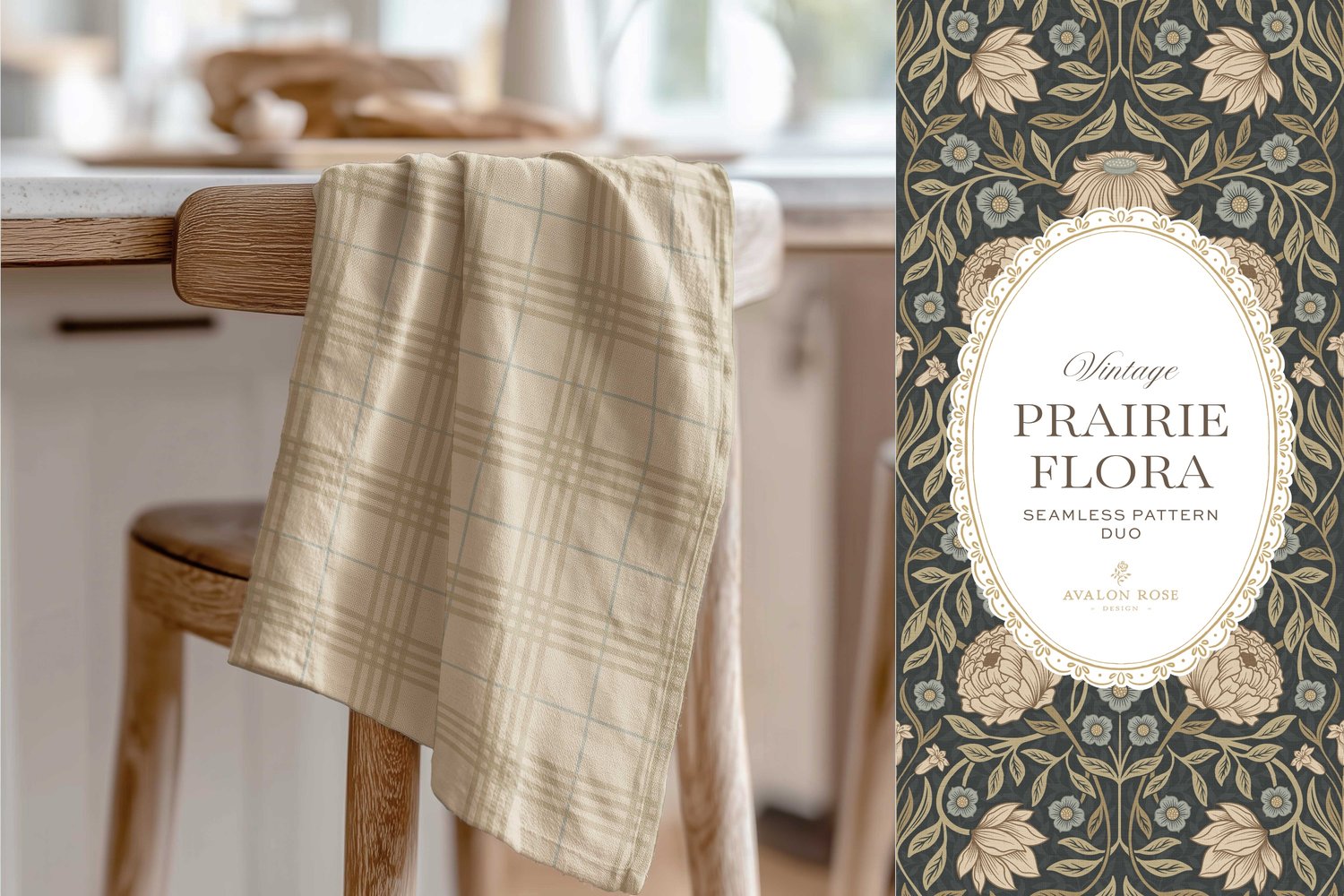 seamless surface pattern duo features a hand-drawn vintage tapestry floral and trailing vines in warm tan and dusty blue on a field of deep charcoal on a tea towel