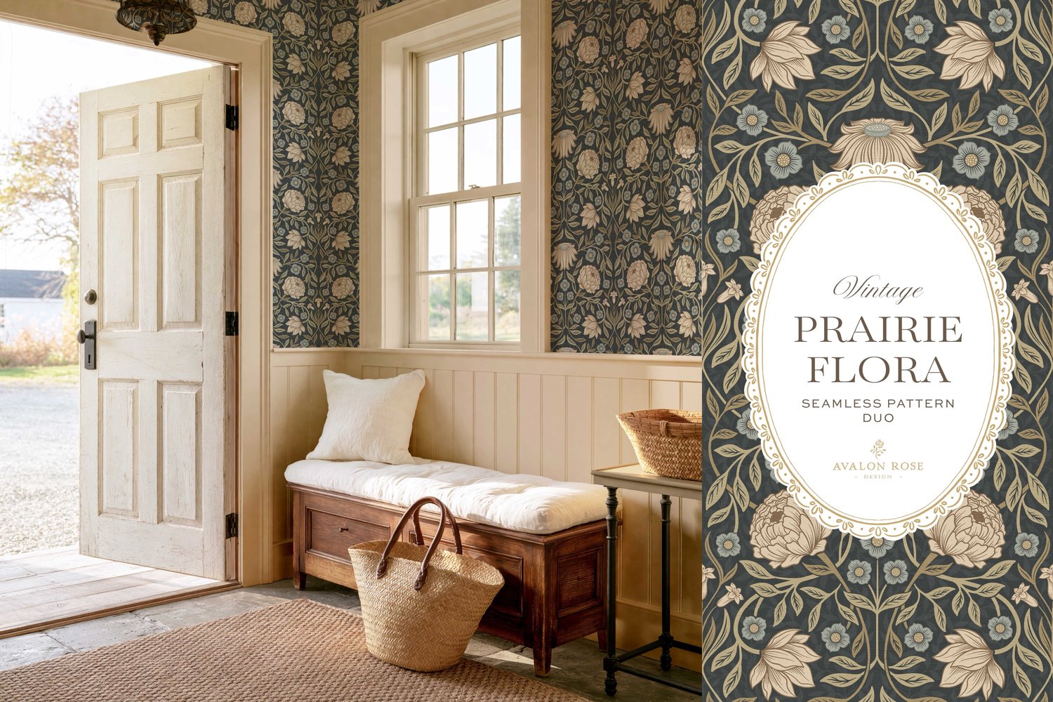 seamless surface pattern duo features a hand-drawn vintage tapestry floral and trailing vines in warm tan and dusty blue on a field of deep charcoal on wallpaper