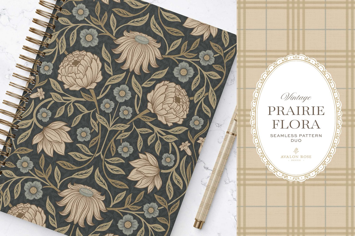seamless surface pattern duo features a hand-drawn vintage tapestry floral and trailing vines in warm tan and dusty blue on a field of deep charcoal on a notebook