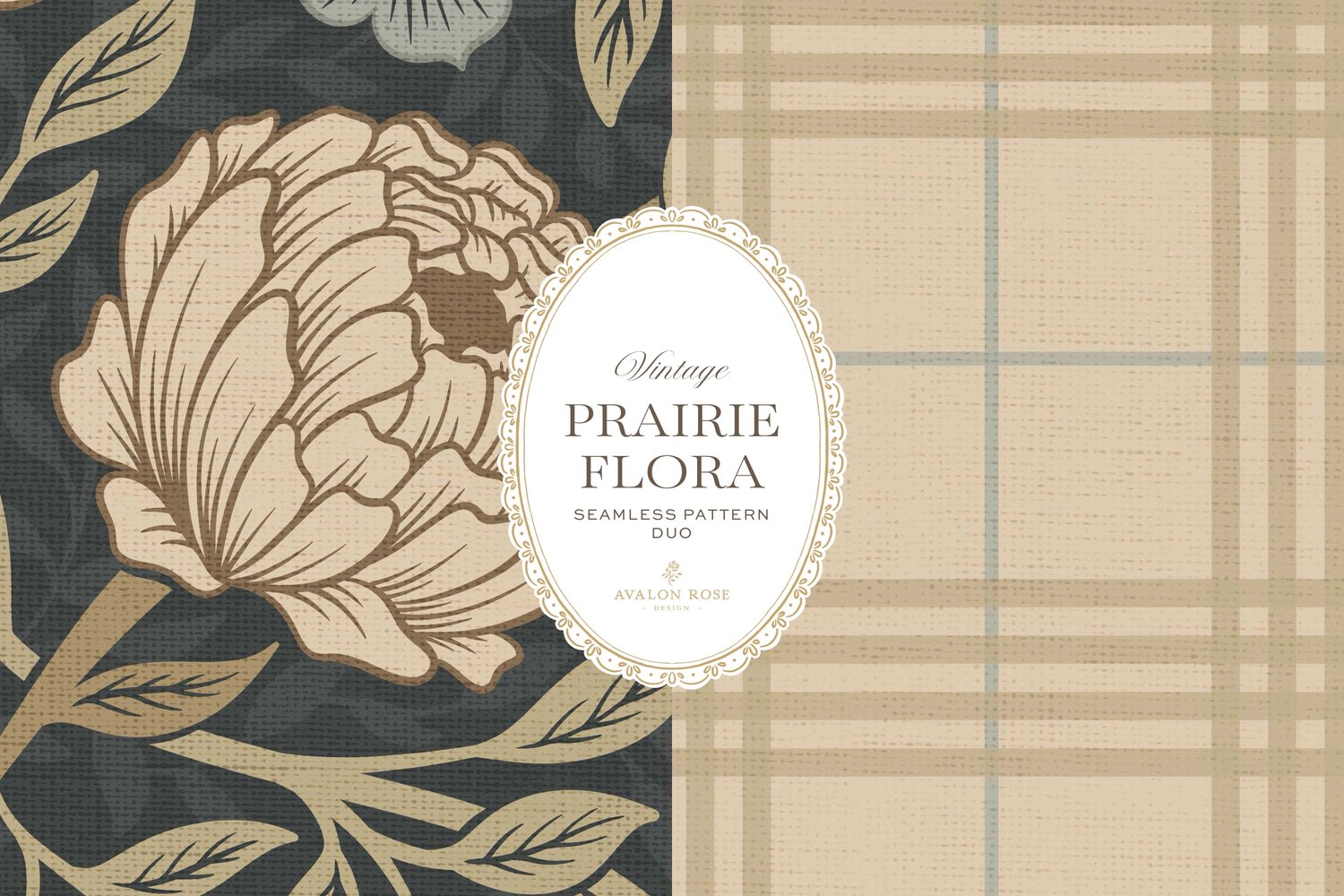 seamless surface pattern duo features a hand-drawn vintage tapestry floral and trailing vines in warm tan and dusty blue on a field of deep charcoal