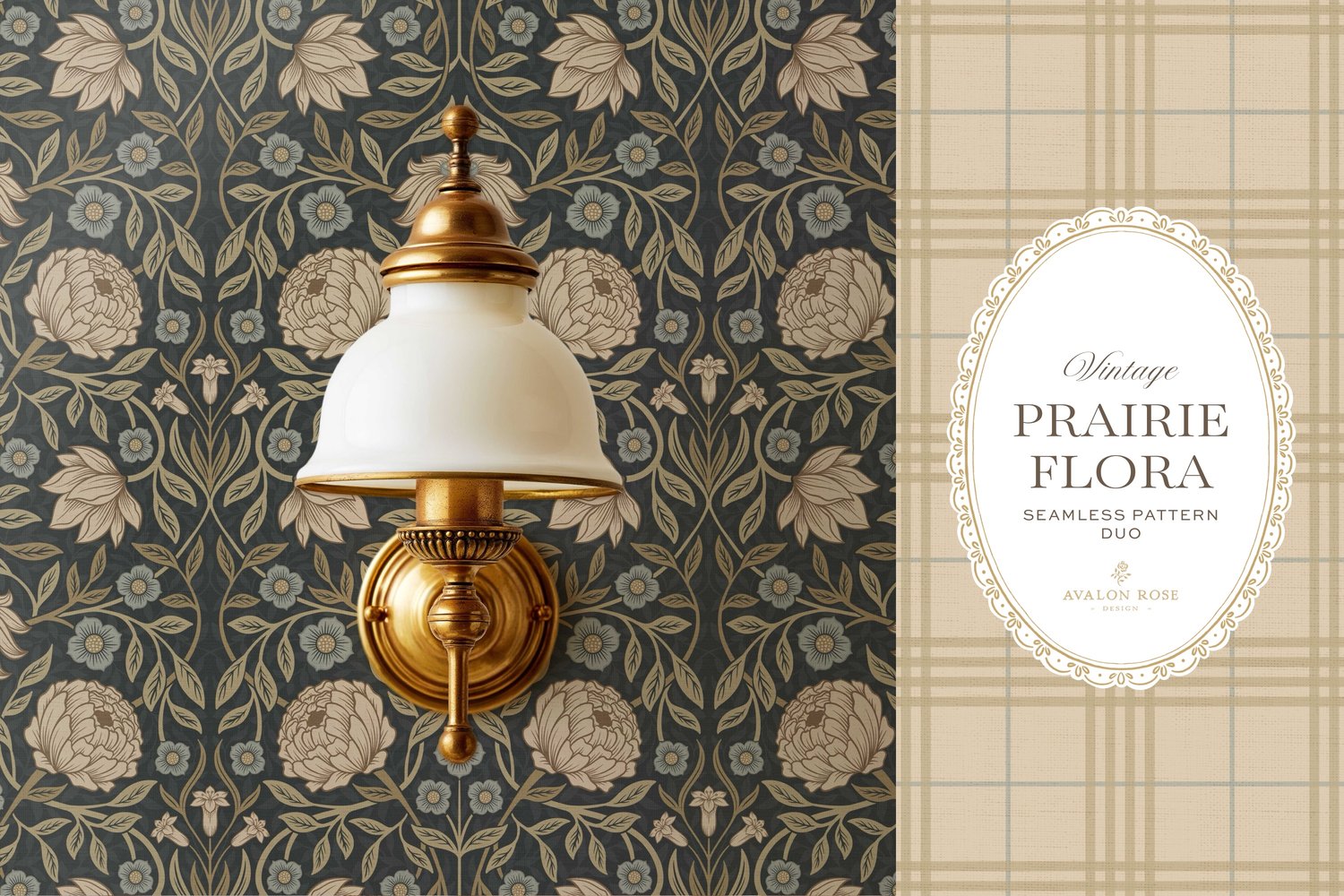 seamless surface pattern duo features a hand-drawn vintage tapestry floral and trailing vines in warm tan and dusty blue on a field of deep charcoal on wallpaper
