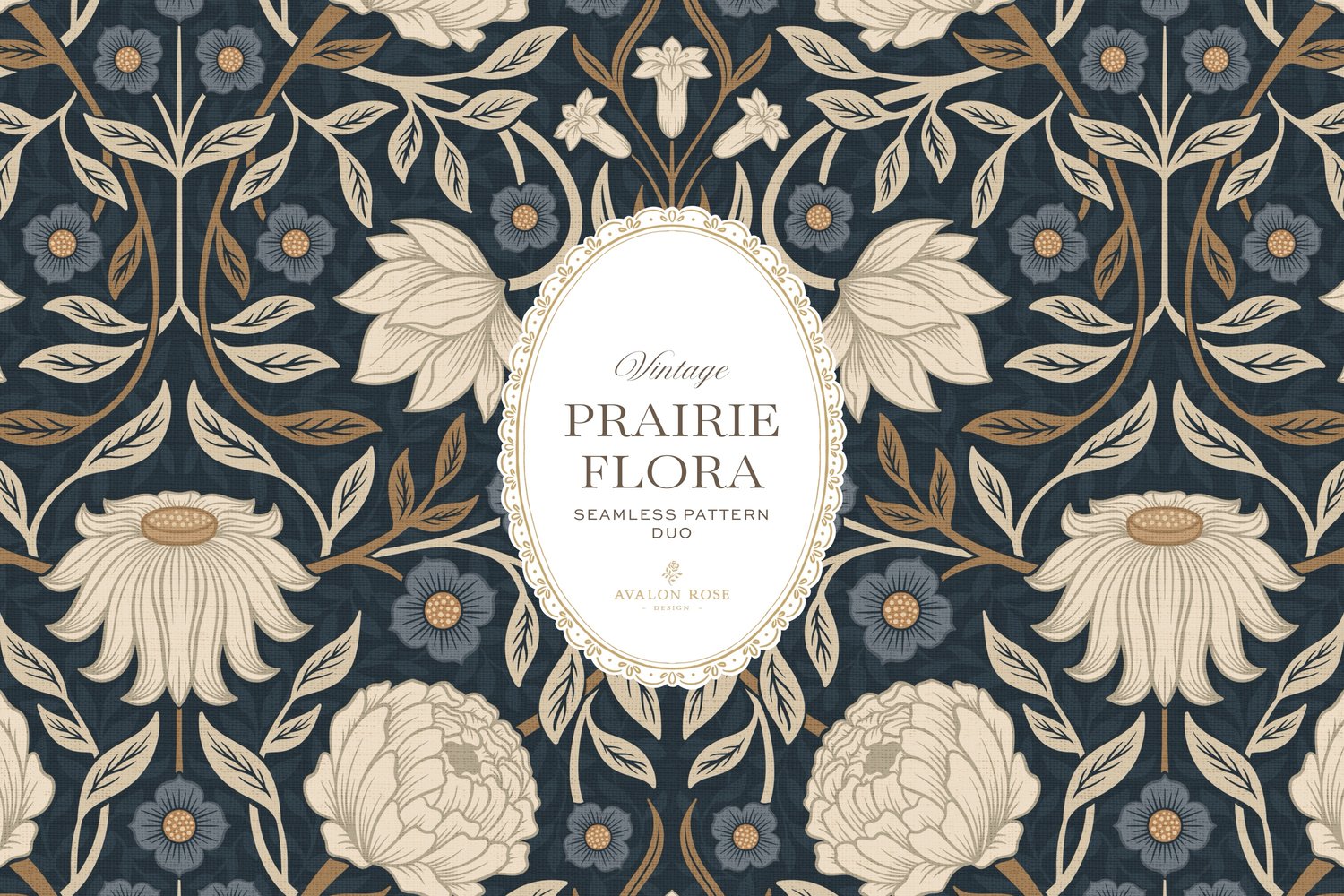 seamless surface pattern duo showcases a hand-drawn vintage tapestry floral in creamy ivory, dusty blue, and warm brass tones on a field of rich navy