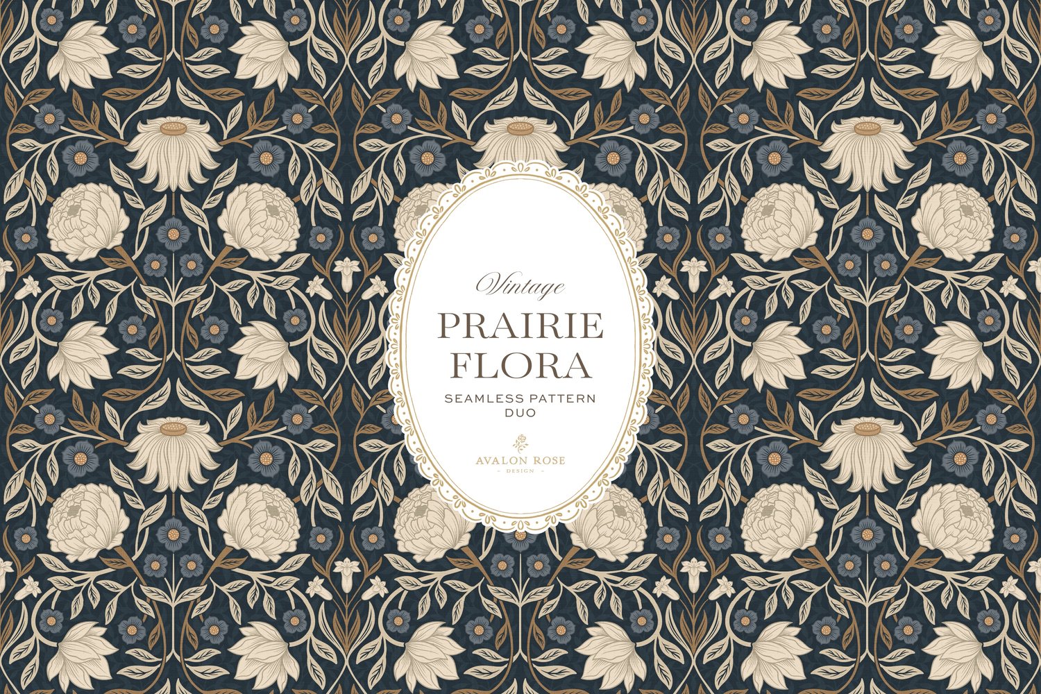 seamless surface pattern duo showcases a hand-drawn vintage tapestry floral in creamy ivory, dusty blue, and warm brass tones on a field of rich navy