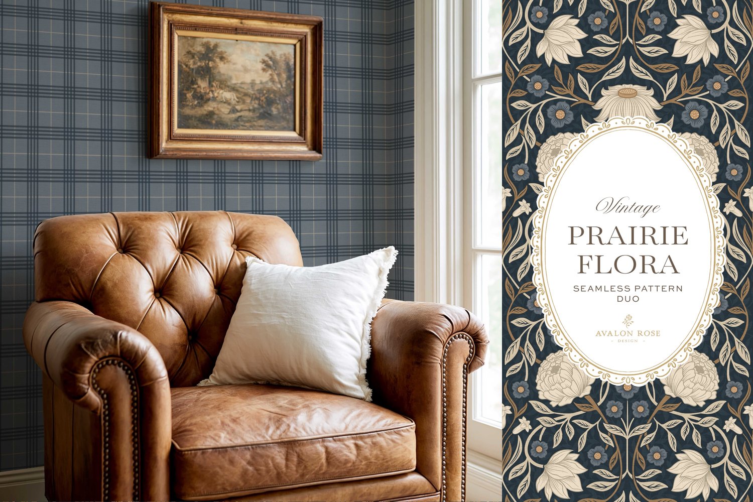 seamless surface pattern duo showcases a hand-drawn vintage tapestry floral in creamy ivory, dusty blue, and warm brass tones on a field of rich navy on wallpaper