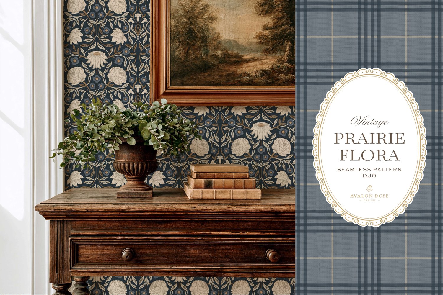 seamless surface pattern duo showcases a hand-drawn vintage tapestry floral in creamy ivory, dusty blue, and warm brass tones on a field of rich navy on wallpaper