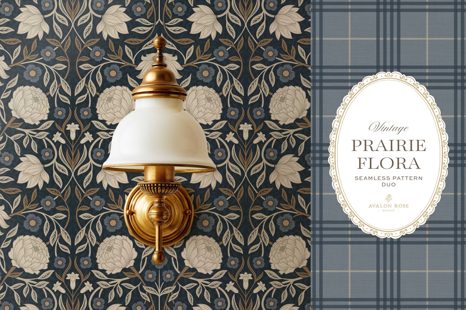 seamless surface pattern duo showcases a hand-drawn vintage tapestry floral in creamy ivory, dusty blue, and warm brass tones on a field of rich navy on wallpaper